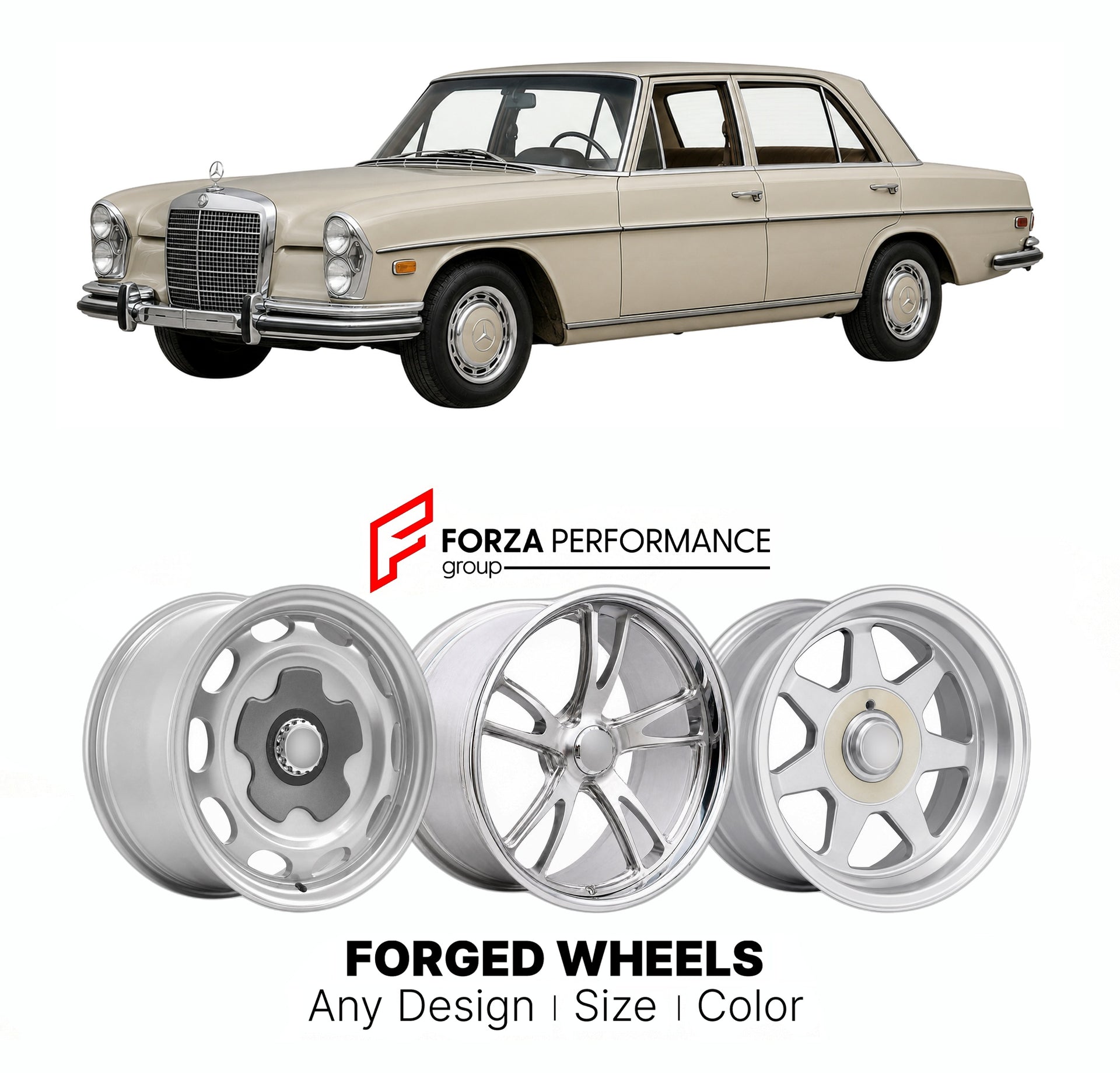 CUSTOM CLASSIC VINTAGE RESTOMOD RETRO OLD SCHOOL FORGED WHEELS RIMS for MERCEDES-BENZ S-CLASS W109 300 SEL 1965 - 1972

Custom forged wheels for Mercedes-Benz S-Class W109 300 SEL 1965 - 1972. Classic, vintage, restomod wheel designs made to order in custom sizes, offsets, colors and finishes.

We manufacture premium quality forged wheels rims for Mercedes-Benz S-Class W109 300 SEL 1965 - 1972 in any design, size, color.

THIS WHEEL DESIGN CAN BE CUSTOM-MADE FOR YOUR CAR IN ANY SIZE AND COLOR OPTIONS
Availa