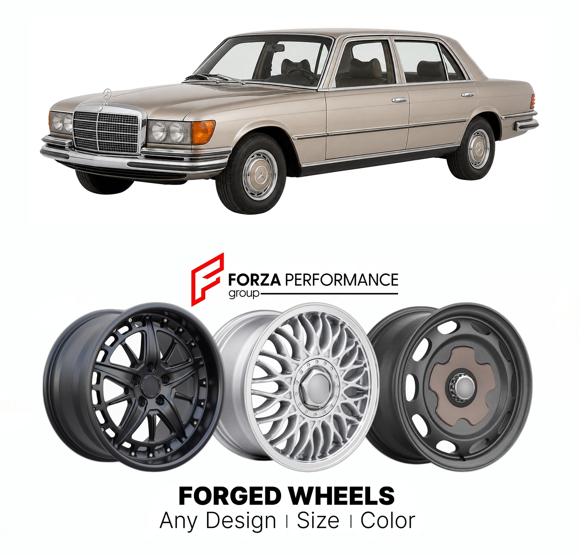 CUSTOM CLASSIC VINTAGE RESTOMOD RETRO OLD SCHOOL FORGED WHEELS RIMS for MERCEDES-BENZ S-CLASS W116 1972 - 1980

Custom forged wheels for Mercedes-Benz S-Class W116 1972 - 1980. Classic, vintage, restomod wheel designs made to order in custom sizes, offsets, colors and finishes.

We manufacture premium quality forged wheels rims for Mercedes-Benz S-Class W116 1972 - 1980 in any design, size, color.

THIS WHEEL DESIGN CAN BE CUSTOM-MADE FOR YOUR CAR IN ANY SIZE AND COLOR OPTIONS
Available in monoblock, 2-piec
