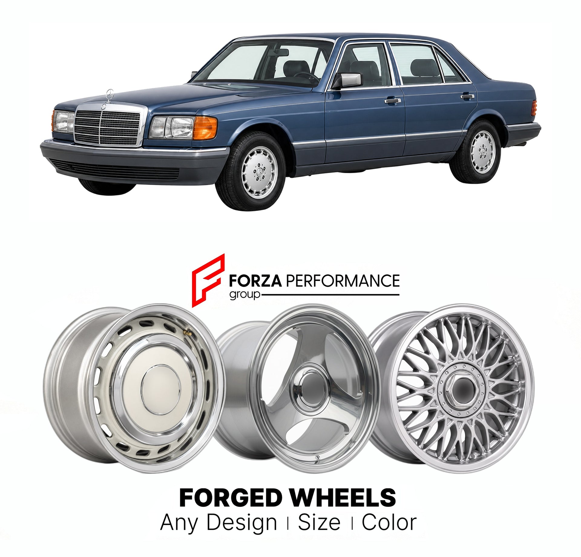 CUSTOM CLASSIC VINTAGE RESTOMOD RETRO OLD SCHOOL FORGED WHEELS RIMS for MERCEDES-BENZ S-CLASS W126 1979 - 1991

Custom forged wheels for Mercedes-Benz S-Class W126 1979 - 1991. Classic, vintage, restomod wheel designs made to order in custom sizes, offsets, colors and finishes.

We manufacture premium quality forged wheels rims for Mercedes-Benz S-Class W126 1979 - 1991 in any design, size, color.

THIS WHEEL DESIGN CAN BE CUSTOM-MADE FOR YOUR CAR IN ANY SIZE AND COLOR OPTIONS
Available in monoblock, 2-piec