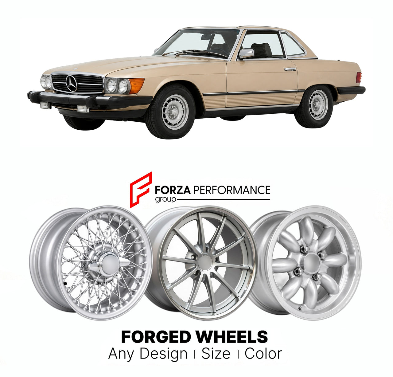 CUSTOM CLASSIC VINTAGE RESTOMOD RETRO OLD SCHOOL FORGED WHEELS RIMS for MERCEDES-BENZ SL-CLASS 380SL R107 1980 - 1985

Custom forged wheels for Mercedes-Benz SL-Class 380SL R107 1980 - 1985. Classic, vintage, restomod wheel designs made to order in custom sizes, offsets, colors and finishes.

We manufacture premium quality forged wheels rims for Mercedes-Benz SL-Class 380SL R107 1980 - 1985 in any design, size, color.

THIS WHEEL DESIGN CAN BE CUSTOM-MADE FOR YOUR CAR IN ANY SIZE AND COLOR OPTIONS
Available