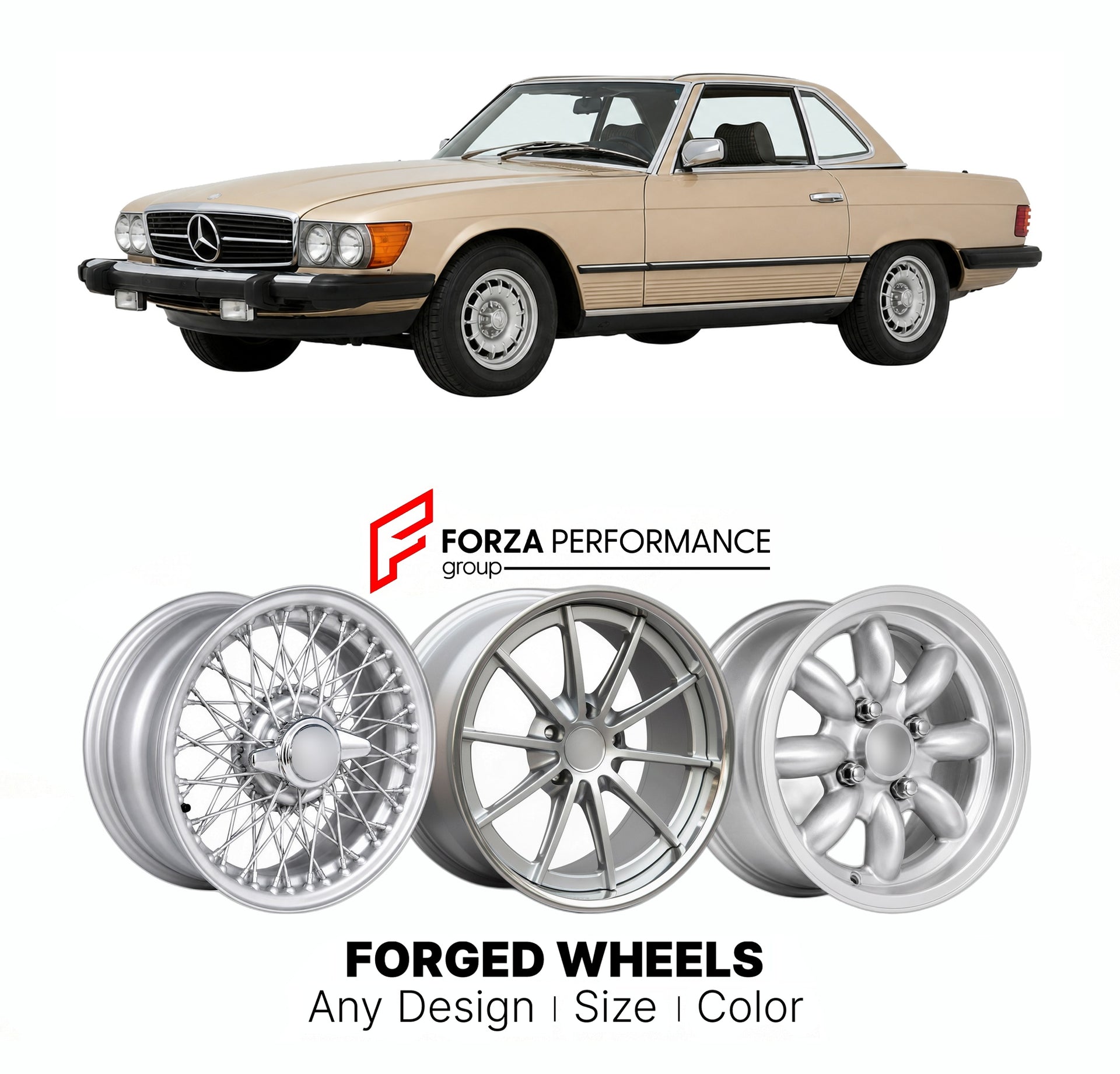 CUSTOM CLASSIC VINTAGE RESTOMOD RETRO OLD SCHOOL FORGED WHEELS RIMS for MERCEDES-BENZ SL-CLASS 380SL R107 1980 - 1985

Custom forged wheels for Mercedes-Benz SL-Class 380SL R107 1980 - 1985. Classic, vintage, restomod wheel designs made to order in custom sizes, offsets, colors and finishes.

We manufacture premium quality forged wheels rims for Mercedes-Benz SL-Class 380SL R107 1980 - 1985 in any design, size, color.

THIS WHEEL DESIGN CAN BE CUSTOM-MADE FOR YOUR CAR IN ANY SIZE AND COLOR OPTIONS
Available