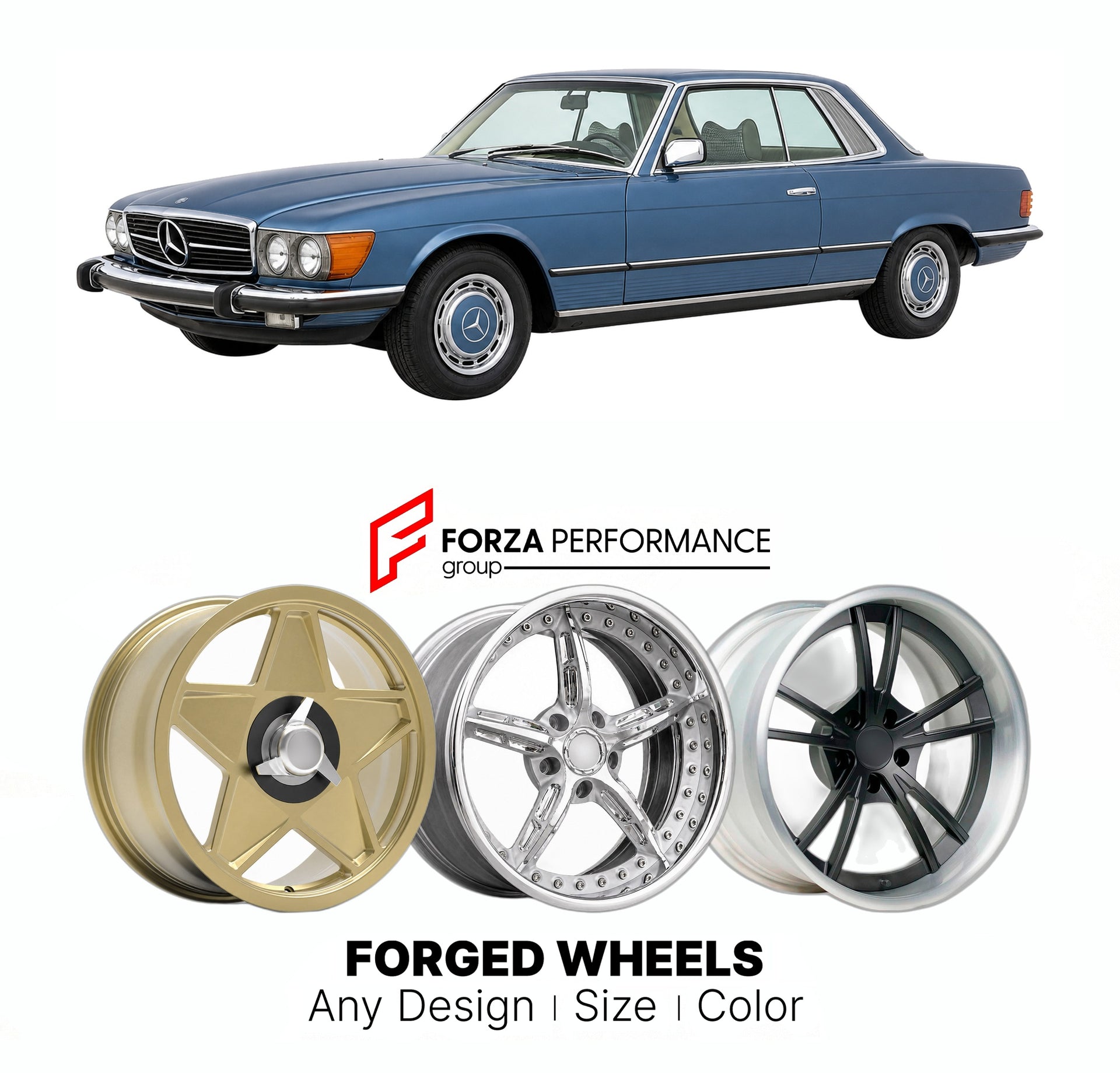 CUSTOM CLASSIC VINTAGE RESTOMOD RETRO OLD SCHOOL FORGED WHEELS RIMS for MERCEDES-BENZ SLC C107 1971 - 1981

Custom forged wheels for Mercedes-Benz SLC C107 1971 - 1981. Classic, vintage, restomod wheel designs made to order in custom sizes, offsets, colors and finishes.

We manufacture premium quality forged wheels rims for Mercedes-Benz SLC C107 1971 - 1981 in any design, size, color.

THIS WHEEL DESIGN CAN BE CUSTOM-MADE FOR YOUR CAR IN ANY SIZE AND COLOR OPTIONS
Available in monoblock, 2-piece, 3-piece, 
