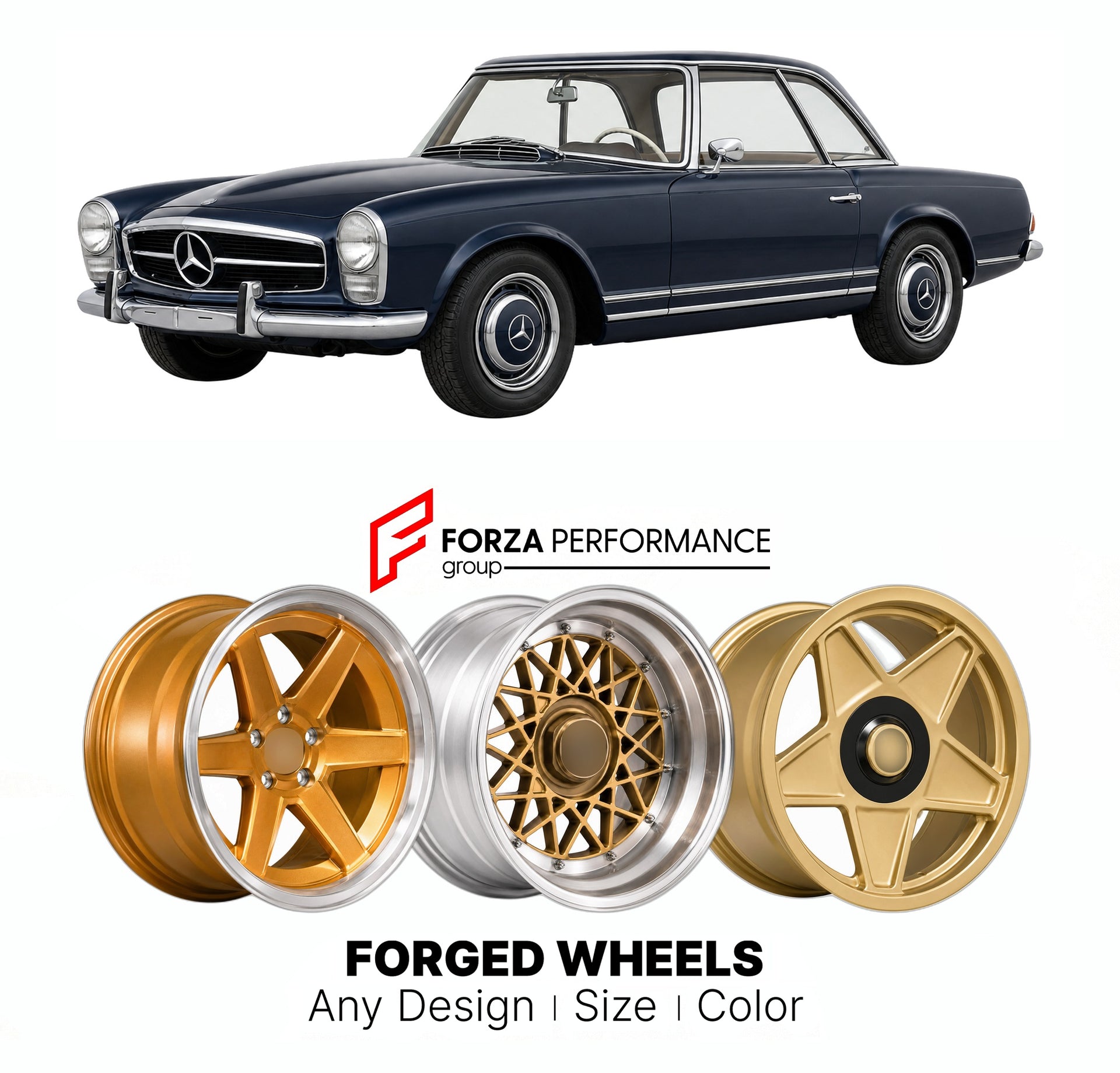 CUSTOM CLASSIC VINTAGE RESTOMOD RETRO OLD SCHOOL FORGED WHEELS RIMS for MERCEDES-BENZ SL PAGODA W113 1963 - 1971

Custom forged wheels for Mercedes-Benz SL Pagoda W113 1963 - 1971. Classic, vintage, restomod wheel designs made to order in custom sizes, offsets, colors and finishes.

We manufacture premium quality forged wheels rims for Mercedes-Benz SL Pagoda W113 1963 - 1971 in any design, size, color.

THIS WHEEL DESIGN CAN BE CUSTOM-MADE FOR YOUR CAR IN ANY SIZE AND COLOR OPTIONS
Available in monoblock, 