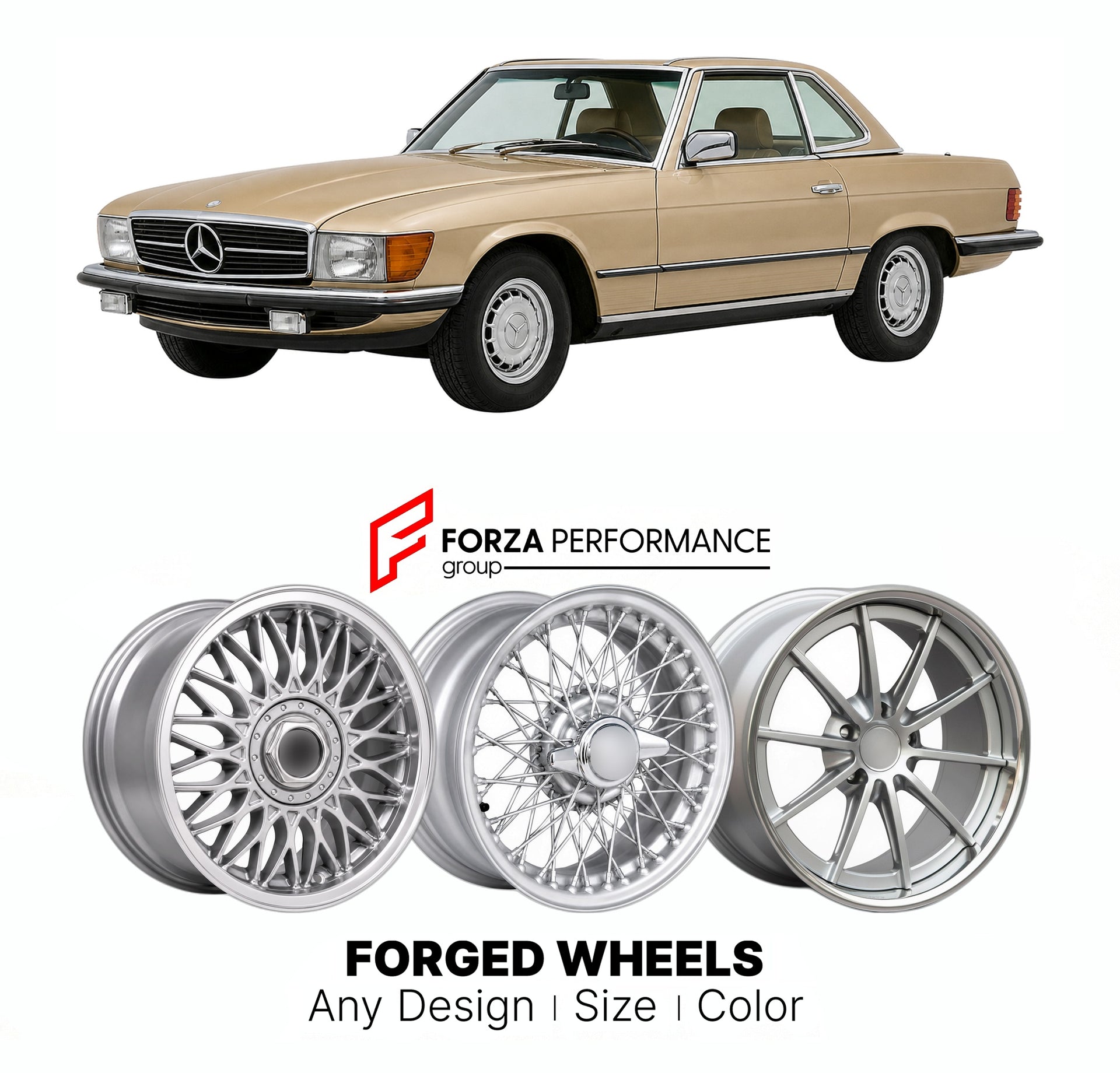 CUSTOM CLASSIC VINTAGE RESTOMOD RETRO OLD SCHOOL FORGED WHEELS RIMS for MERCEDES-BENZ SL R107 1971 - 1989

Custom forged wheels for Mercedes-Benz SL R107 1971 - 1989. Classic, vintage, restomod wheel designs made to order in custom sizes, offsets, colors and finishes.

We manufacture premium quality forged wheels rims for Mercedes-Benz SL R107 1971 - 1989 in any design, size, color.

THIS WHEEL DESIGN CAN BE CUSTOM-MADE FOR YOUR CAR IN ANY SIZE AND COLOR OPTIONS
Available in monoblock, 2-piece, 3-piece, duo