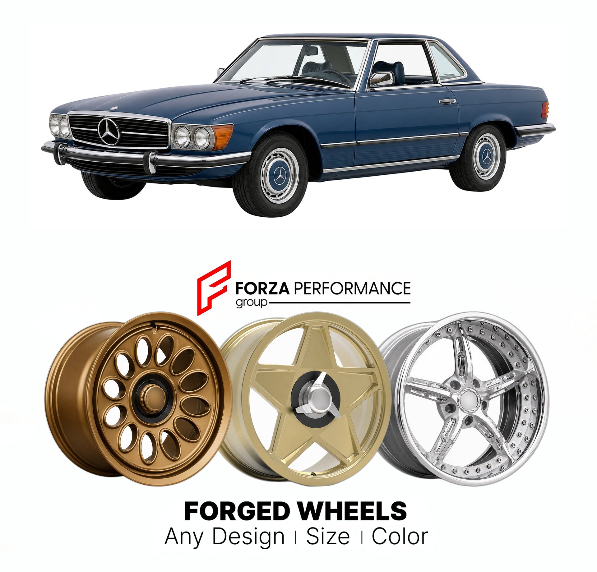 CUSTOM CLASSIC VINTAGE RESTOMOD RETRO OLD SCHOOL FORGED WHEELS RIMS for MERCEDES-BENZ SL SLK R107 1971 - 1989

Custom forged wheels for Mercedes-Benz SL SLK R107 1971 - 1989. Classic, vintage, restomod wheel designs made to order in custom sizes, offsets, colors and finishes.

We manufacture premium quality forged wheels rims for Mercedes-Benz SL SLK R107 1971 - 1989 in any design, size, color.

THIS WHEEL DESIGN CAN BE CUSTOM-MADE FOR YOUR CAR IN ANY SIZE AND COLOR OPTIONS
Available in monoblock, 2-piece, 