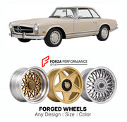 CUSTOM CLASSIC VINTAGE RESTOMOD RETRO OLD SCHOOL FORGED WHEELS RIMS for MERCEDES-BENZ SL SLK W113 PAGODA 1963 - 1971

Custom forged wheels for Mercedes-Benz SL SLK W113 Pagoda 1963 - 1971. Classic, vintage, restomod wheel designs made to order in custom sizes, offsets, colors and finishes.

We manufacture premium quality forged wheels rims for Mercedes-Benz SL SLK W113 Pagoda 1963 - 1971 in any design, size, color.

THIS WHEEL DESIGN CAN BE CUSTOM-MADE FOR YOUR CAR IN ANY SIZE AND COLOR OPTIONS
Available in