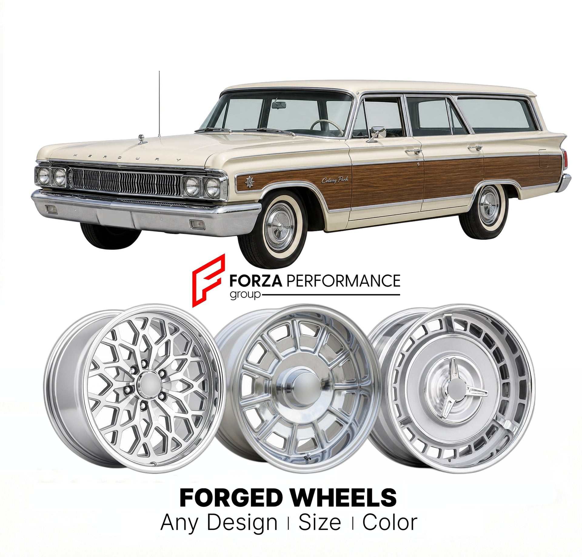 CUSTOM CLASSIC VINTAGE RESTOMOD RETRO OLD SCHOOL FORGED WHEELS RIMS for MERCURY COLONY PARK 1958 - 1990
Custom forged wheels for classic American muscle cars. Ideal for restomod builds, vintage restorations, and show cars. Deep dish and retro styling available.

We manufacture premium quality forged wheels rims for Mercury Colony Park 1958 - 1990 in any design, size, color.

THIS WHEEL DESIGN CAN BE CUSTOM-MADE FOR YOUR CAR IN ANY SIZE AND COLOR OPTIONS
Available in monoblock, 2-piece, 3-piece, duoblock, be