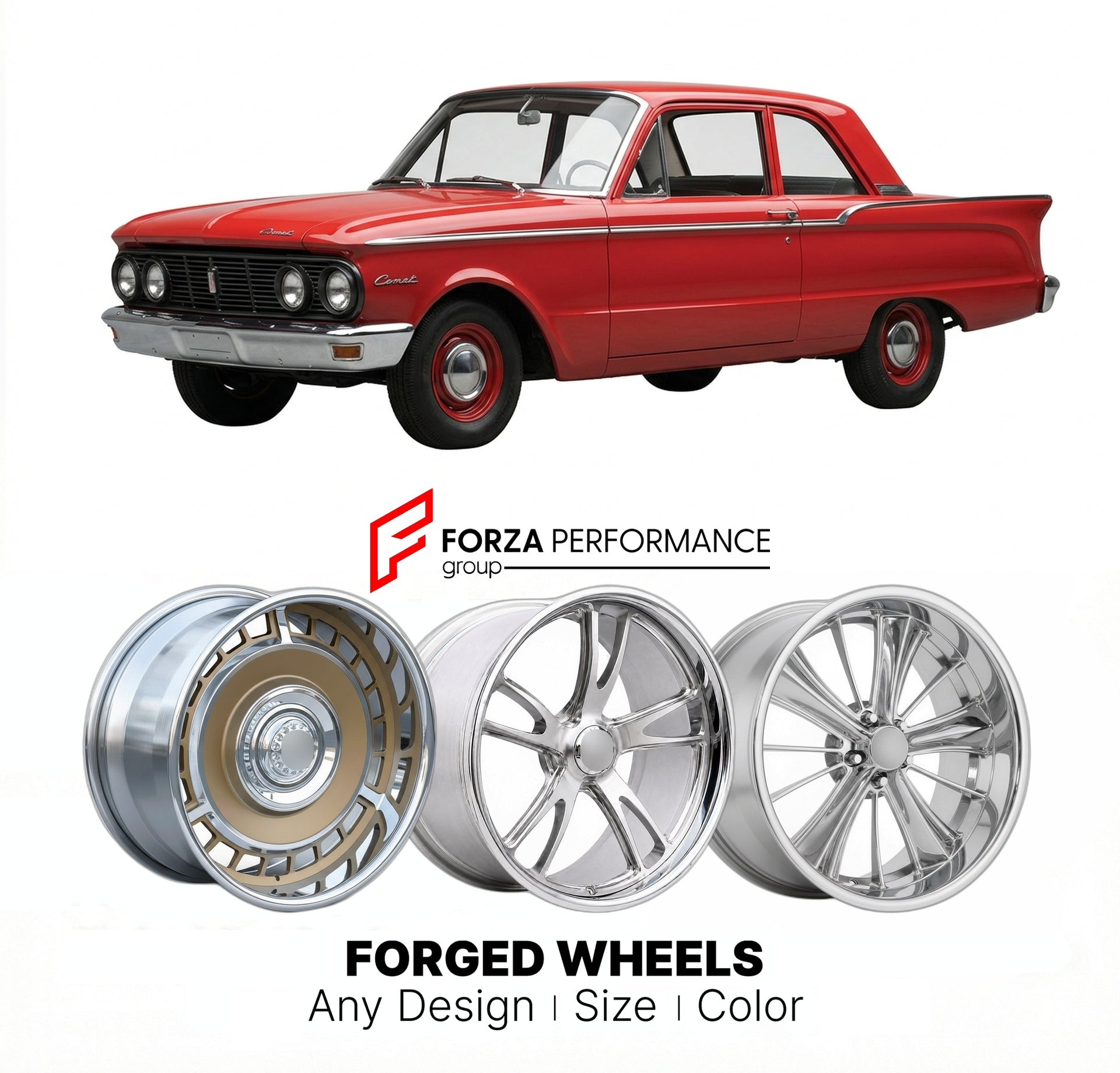 CUSTOM CLASSIC VINTAGE RESTOMOD RETRO OLD SCHOOL FORGED WHEELS RIMS for MERCURY COMET 1960 - 1963
Custom forged wheels for classic American muscle cars. Ideal for restomod builds, vintage restorations, and show cars. Deep dish and retro styling available.

We manufacture premium quality forged wheels rims for Mercury Comet 1960 - 1963 in any design, size, color.

THIS WHEEL DESIGN CAN BE CUSTOM-MADE FOR YOUR CAR IN ANY SIZE AND COLOR OPTIONS
Available in monoblock, 2-piece, 3-piece, duoblock, beadlock
3D wh