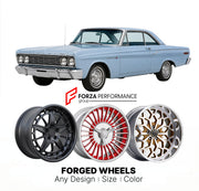 CUSTOM CLASSIC VINTAGE RESTOMOD RETRO OLD SCHOOL FORGED WHEELS RIMS for MERCURY COMET 1964 - 1965
Custom forged wheels for classic American muscle cars. Ideal for restomod builds, vintage restorations, and show cars. Deep dish and retro styling available.

We manufacture premium quality forged wheels rims for Mercury Comet 1964 - 1965 in any design, size, color.

THIS WHEEL DESIGN CAN BE CUSTOM-MADE FOR YOUR CAR IN ANY SIZE AND COLOR OPTIONS
Available in monoblock, 2-piece, 3-piece, duoblock, beadlock
3D wh
