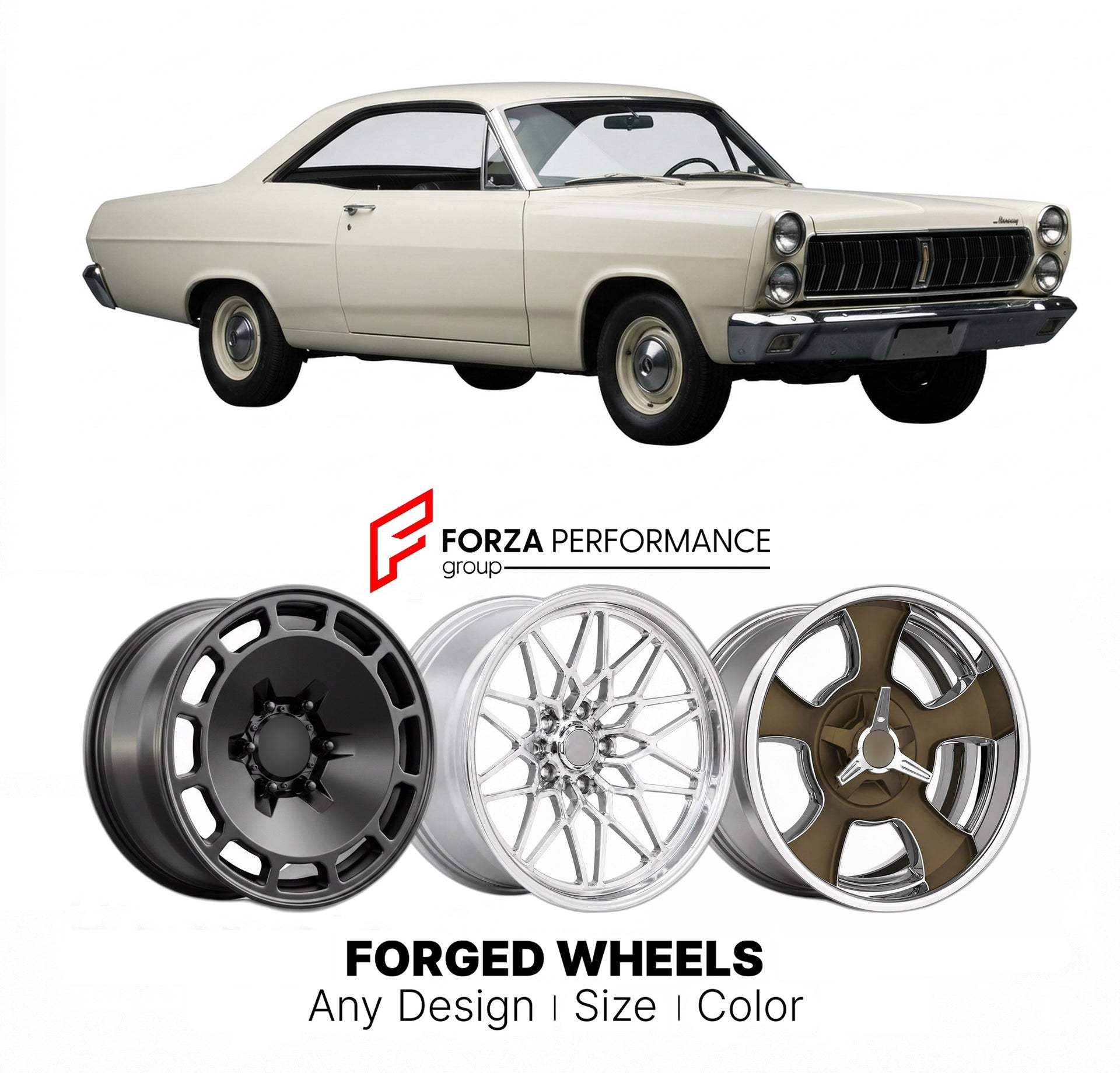 CUSTOM CLASSIC VINTAGE RESTOMOD RETRO OLD SCHOOL FORGED WHEELS RIMS for MERCURY COMET CALIENTE 1966 - 1967
Custom forged wheels for classic American muscle cars. Ideal for restomod builds, vintage restorations, and show cars. Deep dish and retro styling available.

We manufacture premium quality forged wheels rims for Mercury Comet Caliente 1966 - 1967 in any design, size, color.

THIS WHEEL DESIGN CAN BE CUSTOM-MADE FOR YOUR CAR IN ANY SIZE AND COLOR OPTIONS
Available in monoblock, 2-piece, 3-piece, duoblo