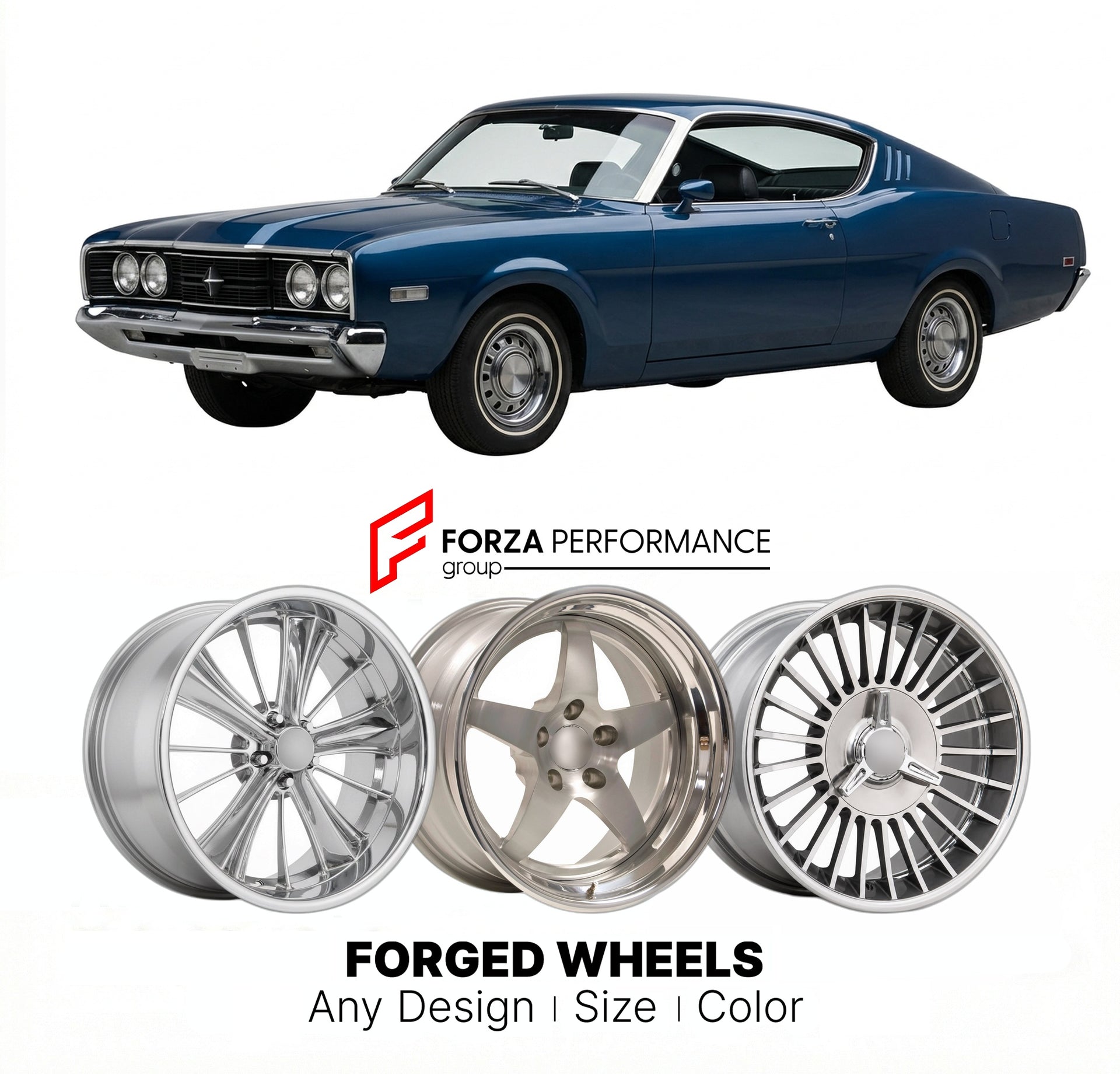 CUSTOM CLASSIC VINTAGE RESTOMOD RETRO OLD SCHOOL FORGED WHEELS RIMS for MERCURY COMET CYCLONE SPOILER 1968 - 1969
Custom forged wheels for classic American muscle cars. Ideal for restomod builds, vintage restorations, and show cars. Deep dish and retro styling available.

We manufacture premium quality forged wheels rims for Mercury Comet Cyclone Spoiler 1968 - 1969 in any design, size, color.

THIS WHEEL DESIGN CAN BE CUSTOM-MADE FOR YOUR CAR IN ANY SIZE AND COLOR OPTIONS
Available in monoblock, 2-piece, 3