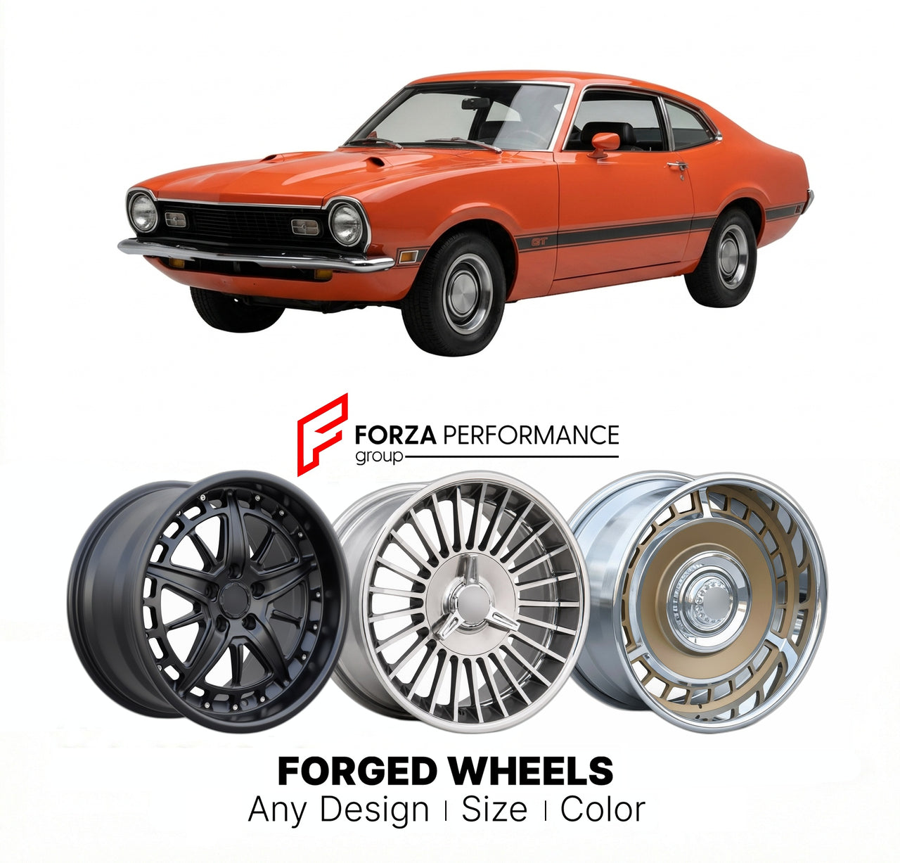 CUSTOM CLASSIC VINTAGE RESTOMOD RETRO OLD SCHOOL FORGED WHEELS RIMS for MERCURY COMET GT 1971 - 1977
Custom forged wheels for classic American muscle cars. Ideal for restomod builds, vintage restorations, and show cars. Deep dish and retro styling available.

We manufacture premium quality forged wheels rims for Mercury Comet GT 1971 - 1977 in any design, size, color.

THIS WHEEL DESIGN CAN BE CUSTOM-MADE FOR YOUR CAR IN ANY SIZE AND COLOR OPTIONS
Available in monoblock, 2-piece, 3-piece, duoblock, beadlock