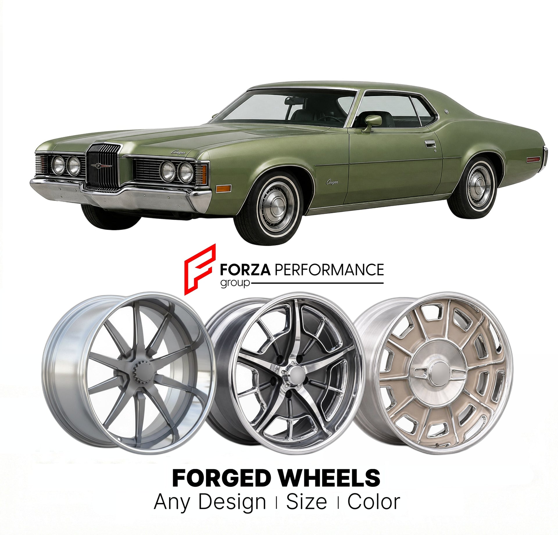 CUSTOM CLASSIC VINTAGE RESTOMOD RETRO OLD SCHOOL FORGED WHEELS RIMS for MERCURY COUGAR 1971 - 1973
Custom forged wheels for classic American muscle cars. Ideal for restomod builds, vintage restorations, and show cars. Deep dish and retro styling available.

We manufacture premium quality forged wheels rims for Mercury Cougar 1971 - 1973 in any design, size, color.

THIS WHEEL DESIGN CAN BE CUSTOM-MADE FOR YOUR CAR IN ANY SIZE AND COLOR OPTIONS
Available in monoblock, 2-piece, 3-piece, duoblock, beadlock
3D 