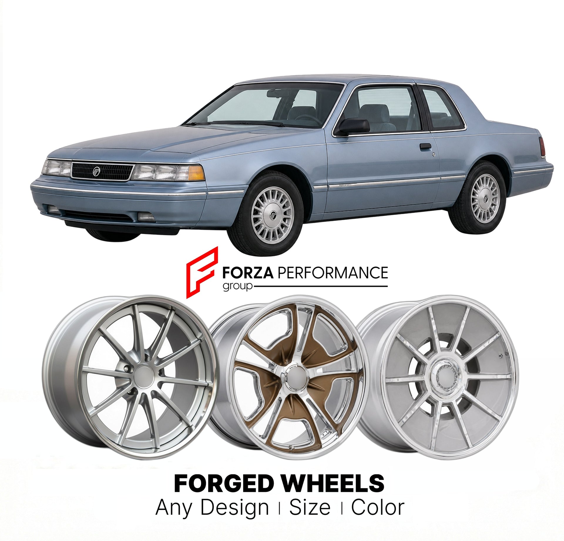 CUSTOM CLASSIC VINTAGE RESTOMOD RETRO OLD SCHOOL FORGED WHEELS RIMS for MERCURY COUGAR 1989 - 1990
Custom forged wheels for classic American muscle cars. Ideal for restomod builds, vintage restorations, and show cars. Deep dish and retro styling available.

We manufacture premium quality forged wheels rims for Mercury Cougar 1989 - 1990 in any design, size, color.

THIS WHEEL DESIGN CAN BE CUSTOM-MADE FOR YOUR CAR IN ANY SIZE AND COLOR OPTIONS
Available in monoblock, 2-piece, 3-piece, duoblock, beadlock
3D 