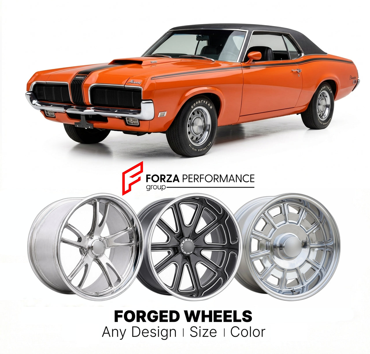 CUSTOM CLASSIC VINTAGE RESTOMOD RETRO OLD SCHOOL FORGED WHEELS RIMS for MERCURY COUGAR ELIMINATOR 1969 - 1970
Custom forged wheels for classic American muscle cars. Ideal for restomod builds, vintage restorations, and show cars. Deep dish and retro styling available.

We manufacture premium quality forged wheels rims for Mercury Cougar Eliminator 1969 - 1970 in any design, size, color.

THIS WHEEL DESIGN CAN BE CUSTOM-MADE FOR YOUR CAR IN ANY SIZE AND COLOR OPTIONS
Available in monoblock, 2-piece, 3-piece, 