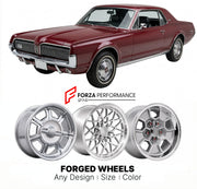 CUSTOM CLASSIC VINTAGE RESTOMOD RETRO OLD SCHOOL FORGED WHEELS RIMS for MERCURY COUGAR XR-7 1967 - 1973
Custom forged wheels for classic American muscle cars. Ideal for restomod builds, vintage restorations, and show cars. Deep dish and retro styling available.

We manufacture premium quality forged wheels rims for Mercury Cougar XR-7 1967 - 1973 in any design, size, color.

THIS WHEEL DESIGN CAN BE CUSTOM-MADE FOR YOUR CAR IN ANY SIZE AND COLOR OPTIONS
Available in monoblock, 2-piece, 3-piece, duoblock, be