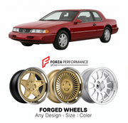 We manufacture premium quality forged wheels rims for Mercury Cougar XR7 1989 - 1993 in any design, size, color.

THIS WHEEL DESIGN CAN BE CUSTOM-MADE FOR YOUR CAR IN ANY SIZE AND COLOR OPTIONS
Available in monoblock, 2-piece, 3-piece, duoblock, beadlock
3D wheel renderings are provided according to the exact dimensions and specifications requested by the client, ensuring proper fitment for their car prior to production
OPTIONS:

Brushed, polished, chrome, dual-color, milled face, anodized
Floating spinning