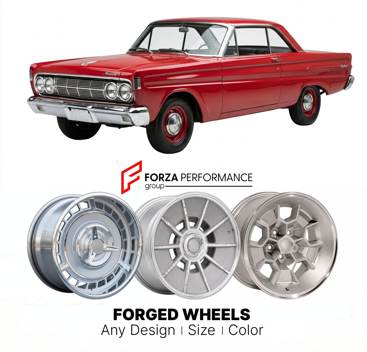 CUSTOM CLASSIC VINTAGE RESTOMOD RETRO OLD SCHOOL FORGED WHEELS RIMS for MERCURY CYCLONE 1964 - 1965
Custom forged wheels for classic American muscle cars. Ideal for restomod builds, vintage restorations, and show cars. Deep dish and retro styling available.

We manufacture premium quality forged wheels rims for Mercury Cyclone 1964 - 1965 in any design, size, color.

THIS WHEEL DESIGN CAN BE CUSTOM-MADE FOR YOUR CAR IN ANY SIZE AND COLOR OPTIONS
Available in monoblock, 2-piece, 3-piece, duoblock, beadlock
3