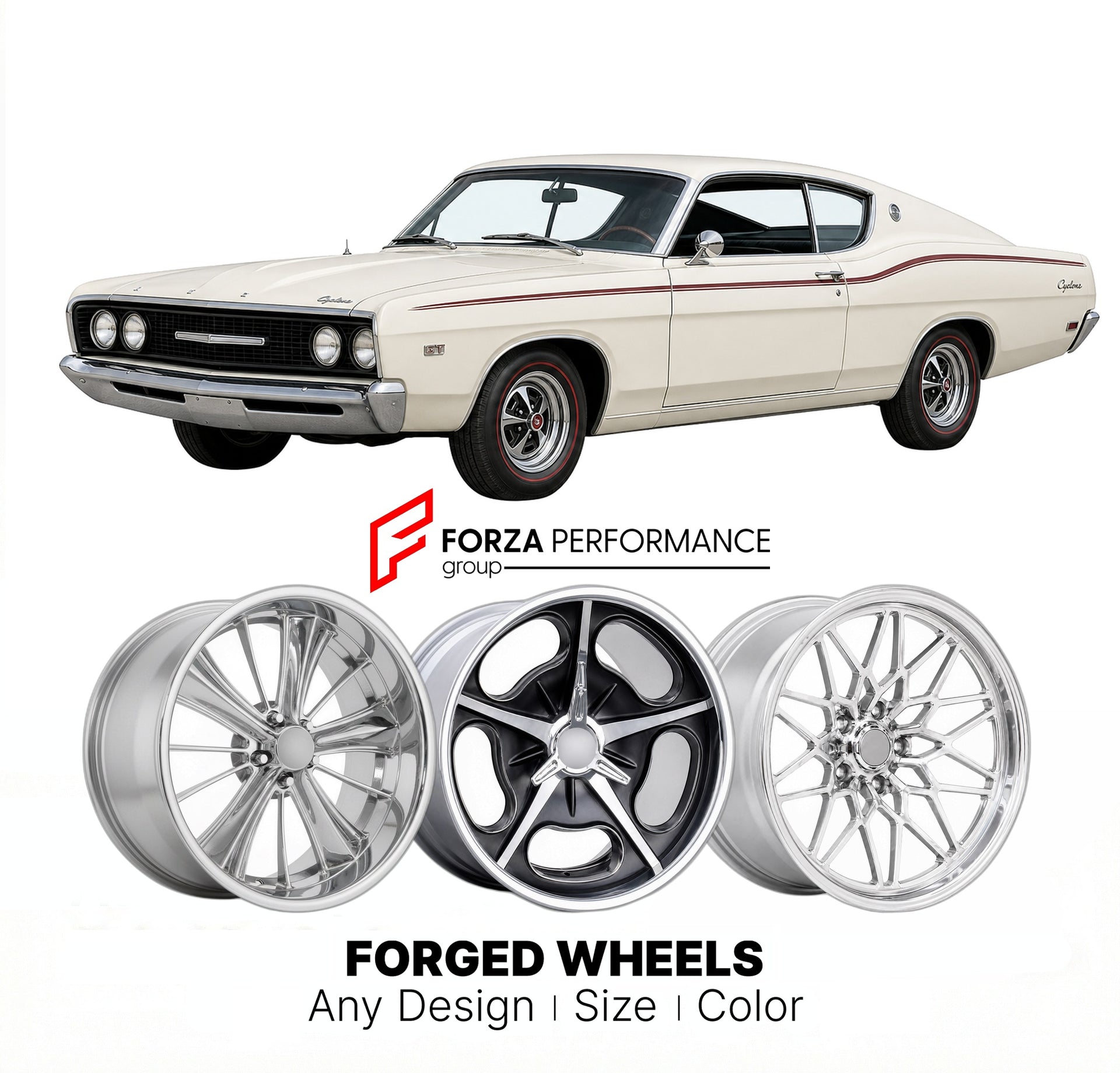 CUSTOM CLASSIC VINTAGE RESTOMOD RETRO OLD SCHOOL FORGED WHEELS RIMS for MERCURY CYCLONE 1968 - 1969
Custom forged wheels for classic American muscle cars. Ideal for restomod builds, vintage restorations, and show cars. Deep dish and retro styling available.

We manufacture premium quality forged wheels rims for Mercury Cyclone 1968 - 1969 in any design, size, color.

THIS WHEEL DESIGN CAN BE CUSTOM-MADE FOR YOUR CAR IN ANY SIZE AND COLOR OPTIONS
Available in monoblock, 2-piece, 3-piece, duoblock, beadlock
3