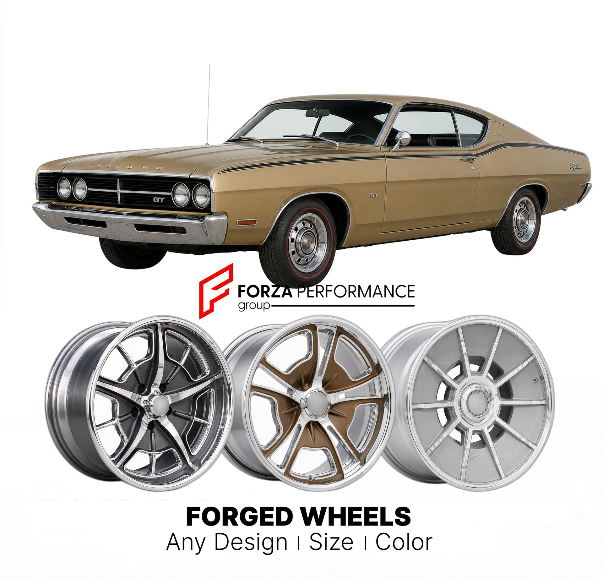 CUSTOM CLASSIC VINTAGE RESTOMOD RETRO OLD SCHOOL FORGED WHEELS RIMS for MERCURY CYCLONE GT 1969 - 1969
Custom forged wheels for classic American muscle cars. Ideal for restomod builds, vintage restorations, and show cars. Deep dish and retro styling available.

We manufacture premium quality forged wheels rims for Mercury Cyclone GT 1969 - 1969 in any design, size, color.

THIS WHEEL DESIGN CAN BE CUSTOM-MADE FOR YOUR CAR IN ANY SIZE AND COLOR OPTIONS
Available in monoblock, 2-piece, 3-piece, duoblock, bead