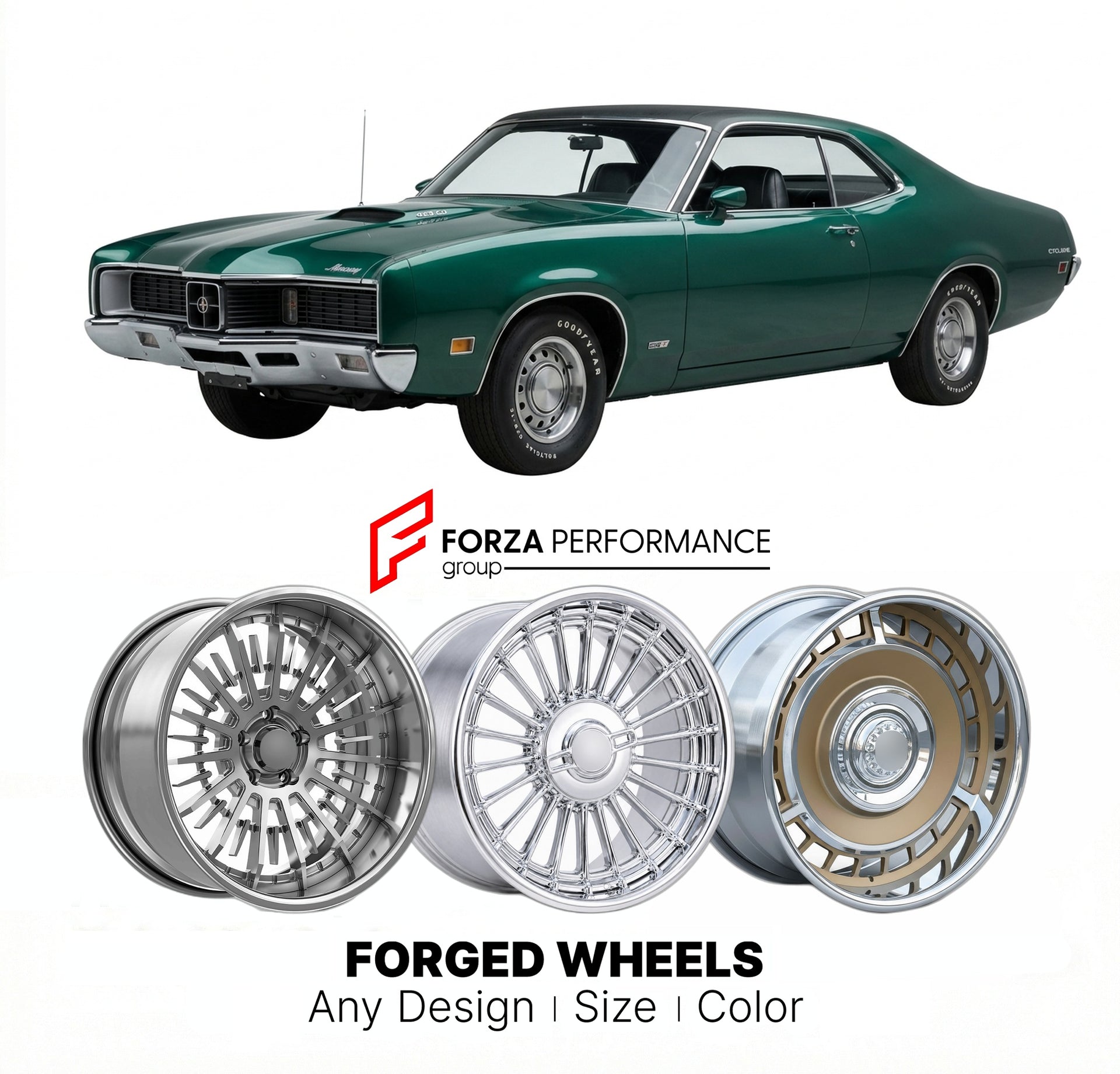 CUSTOM CLASSIC VINTAGE RESTOMOD RETRO OLD SCHOOL FORGED WHEELS RIMS for MERCURY CYCLONE GT 429 1970 - 1971
Custom forged wheels for classic American muscle cars. Ideal for restomod builds, vintage restorations, and show cars. Deep dish and retro styling available.

We manufacture premium quality forged wheels rims for Mercury Cyclone GT 429 1970 - 1971 in any design, size, color.

THIS WHEEL DESIGN CAN BE CUSTOM-MADE FOR YOUR CAR IN ANY SIZE AND COLOR OPTIONS
Available in monoblock, 2-piece, 3-piece, duoblo