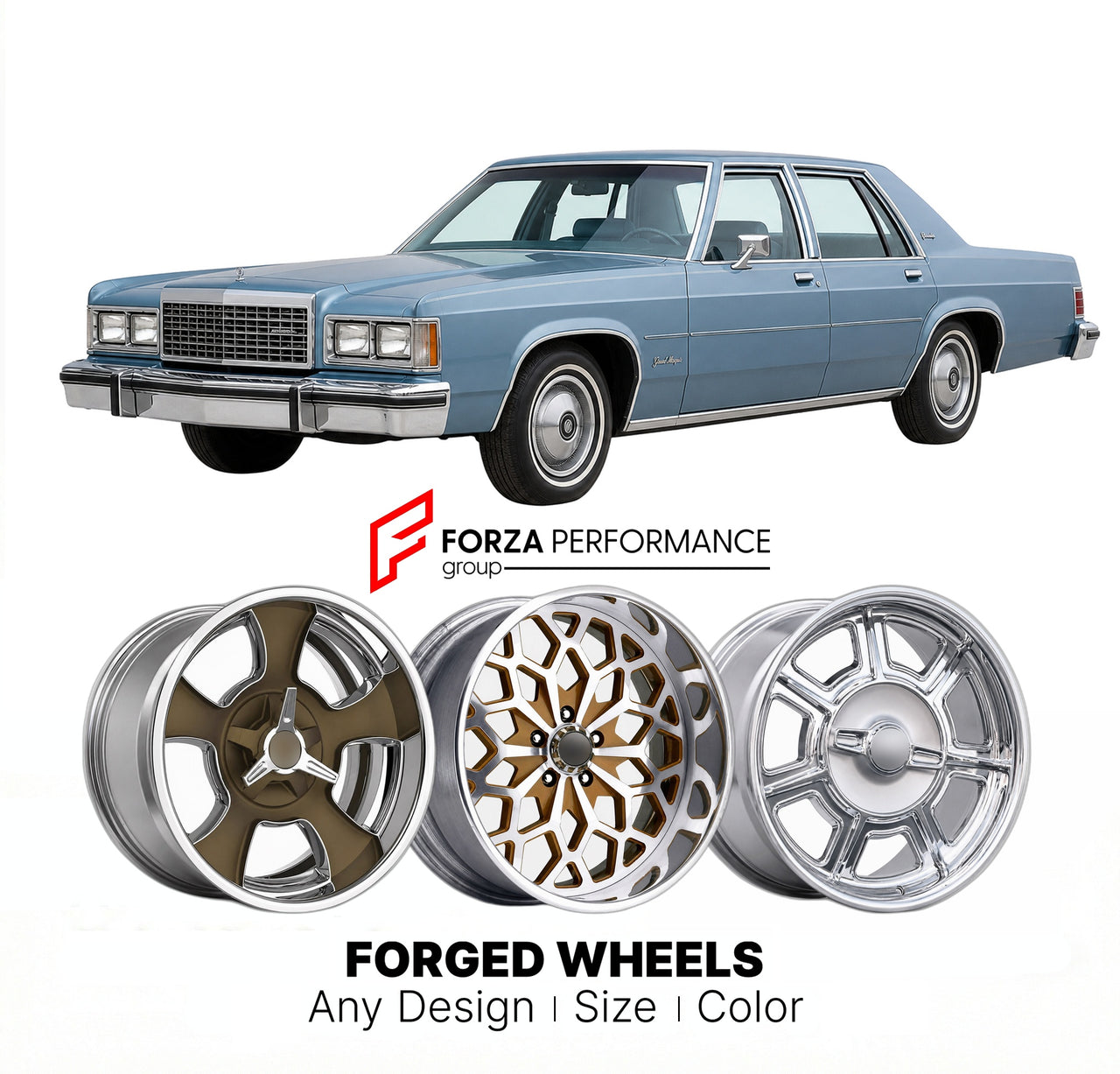 CUSTOM CLASSIC VINTAGE RESTOMOD RETRO OLD SCHOOL FORGED WHEELS RIMS for MERCURY GRAND MARQUIS 1979 - 1982
Custom forged wheels for classic American muscle cars. Ideal for restomod builds, vintage restorations, and show cars. Deep dish and retro styling available.

We manufacture premium quality forged wheels rims for Mercury Grand Marquis 1979 - 1982 in any design, size, color.

THIS WHEEL DESIGN CAN BE CUSTOM-MADE FOR YOUR CAR IN ANY SIZE AND COLOR OPTIONS
Available in monoblock, 2-piece, 3-piece, duoblock