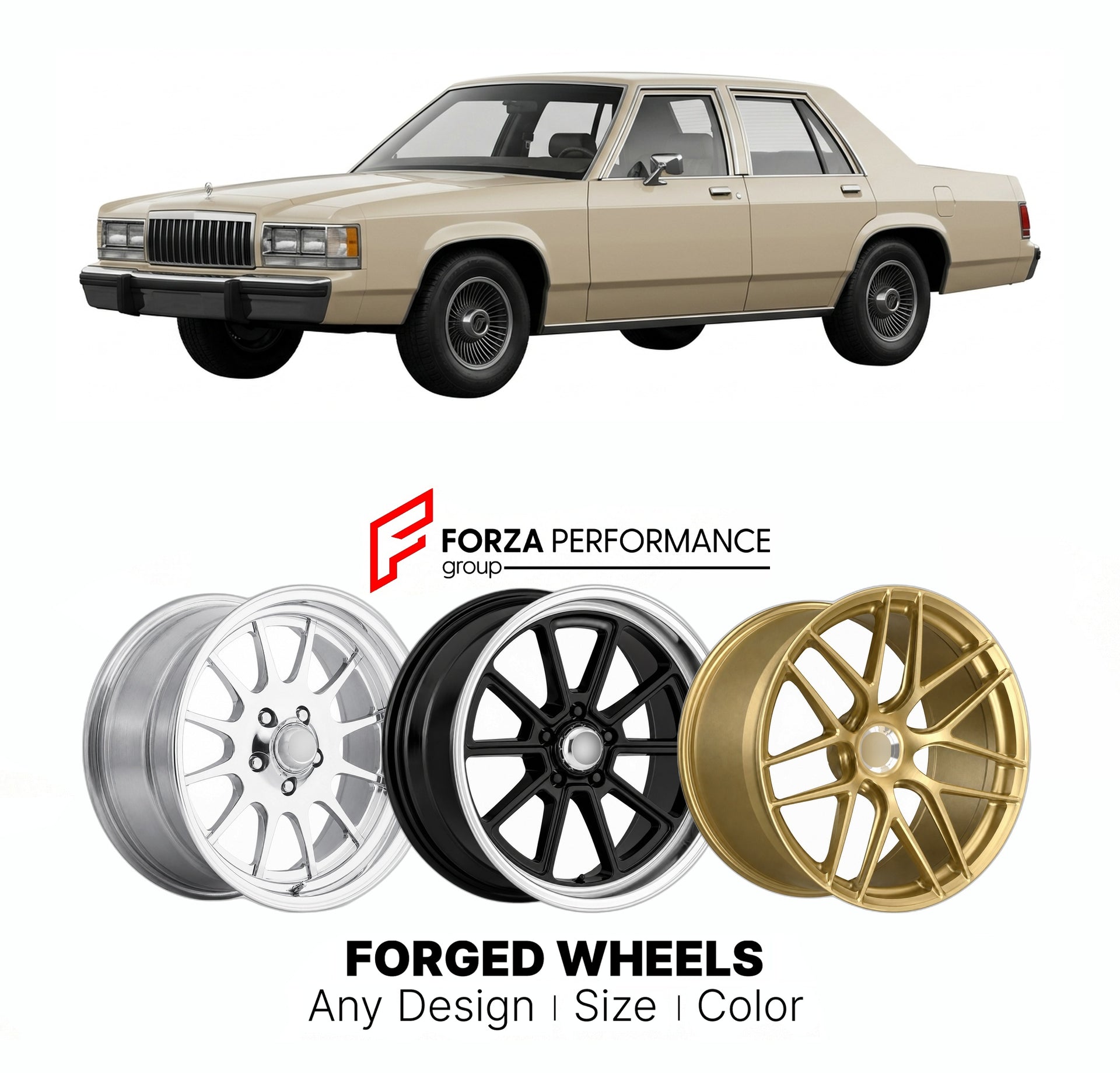 FORGED WHEELS RIMS for MERCURY GRAND MARQUIS 1979 - 1991

Custom forged wheels for Mercury Grand Marquis 1979 - 1991. Made-to-order monoblock, 2-piece and 3-piece rims in custom sizes, offsets, colors and finishes with guaranteed fitment.

We manufacture premium quality forged wheels rims for Mercury Grand Marquis 1979 - 1991 in any design, size, color.

THIS WHEEL DESIGN CAN BE CUSTOM-MADE FOR YOUR CAR IN ANY SIZE AND COLOR OPTIONS
Available in monoblock, 2-piece, 3-piece, duoblock, beadlock
3D wheel rende