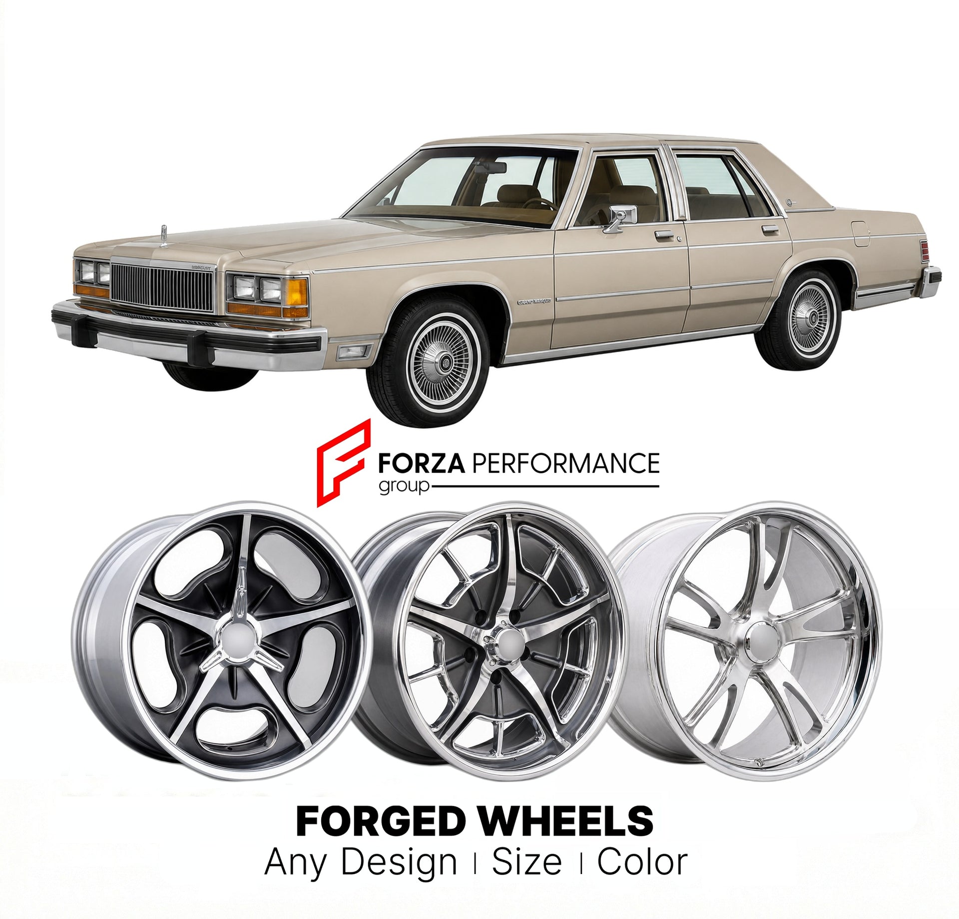 CUSTOM CLASSIC VINTAGE RESTOMOD RETRO OLD SCHOOL FORGED WHEELS RIMS for MERCURY GRAND MARQUIS 1983 - 1990
Custom forged wheels for classic American muscle cars. Ideal for restomod builds, vintage restorations, and show cars. Deep dish and retro styling available.

We manufacture premium quality forged wheels rims for Mercury Grand Marquis 1983 - 1990 in any design, size, color.

THIS WHEEL DESIGN CAN BE CUSTOM-MADE FOR YOUR CAR IN ANY SIZE AND COLOR OPTIONS
Available in monoblock, 2-piece, 3-piece, duoblock