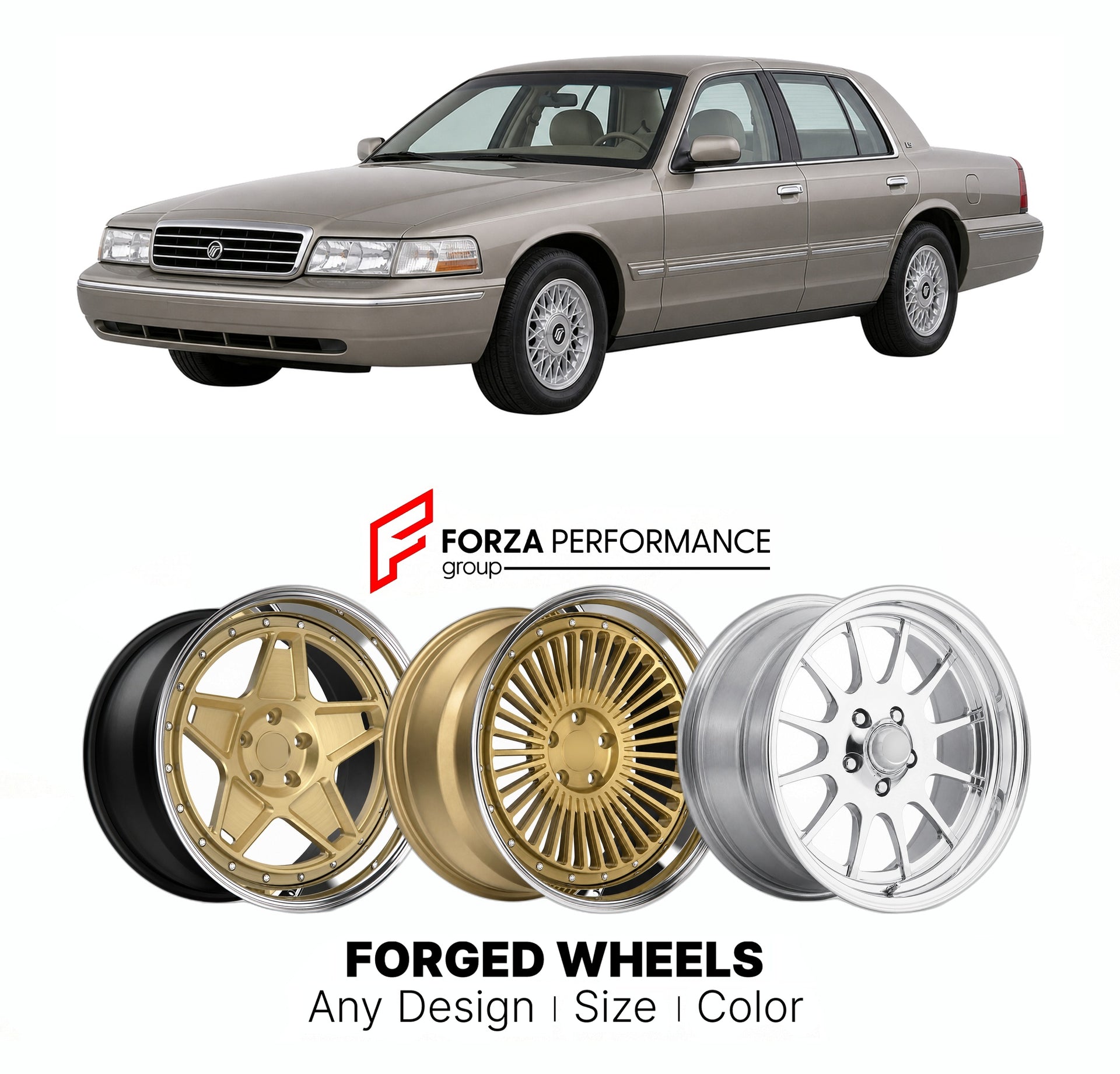 FORGED WHEELS RIMS for MERCURY GRAND MARQUIS LSE PANTHER PLATFORM 1992 - 2011

Custom forged wheels for Mercury Grand Marquis LSE Panther Platform 1992 - 2011. Made-to-order monoblock, 2-piece and 3-piece rims in custom sizes, offsets, colors and finishes with guaranteed fitment.

We manufacture premium quality forged wheels rims for Mercury Grand Marquis LSE Panther Platform 1992 - 2011 in any design, size, color.

THIS WHEEL DESIGN CAN BE CUSTOM-MADE FOR YOUR CAR IN ANY SIZE AND COLOR OPTIONS
Available in