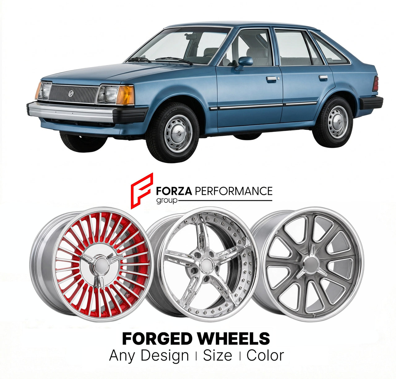 CUSTOM CLASSIC VINTAGE RESTOMOD RETRO OLD SCHOOL FORGED WHEELS RIMS for MERCURY LYNX 1981 - 1987
Custom forged wheels for classic American muscle cars. Ideal for restomod builds, vintage restorations, and show cars. Deep dish and retro styling available.

We manufacture premium quality forged wheels rims for Mercury Lynx 1981 - 1987 in any design, size, color.

THIS WHEEL DESIGN CAN BE CUSTOM-MADE FOR YOUR CAR IN ANY SIZE AND COLOR OPTIONS
Available in monoblock, 2-piece, 3-piece, duoblock, beadlock
3D whee
