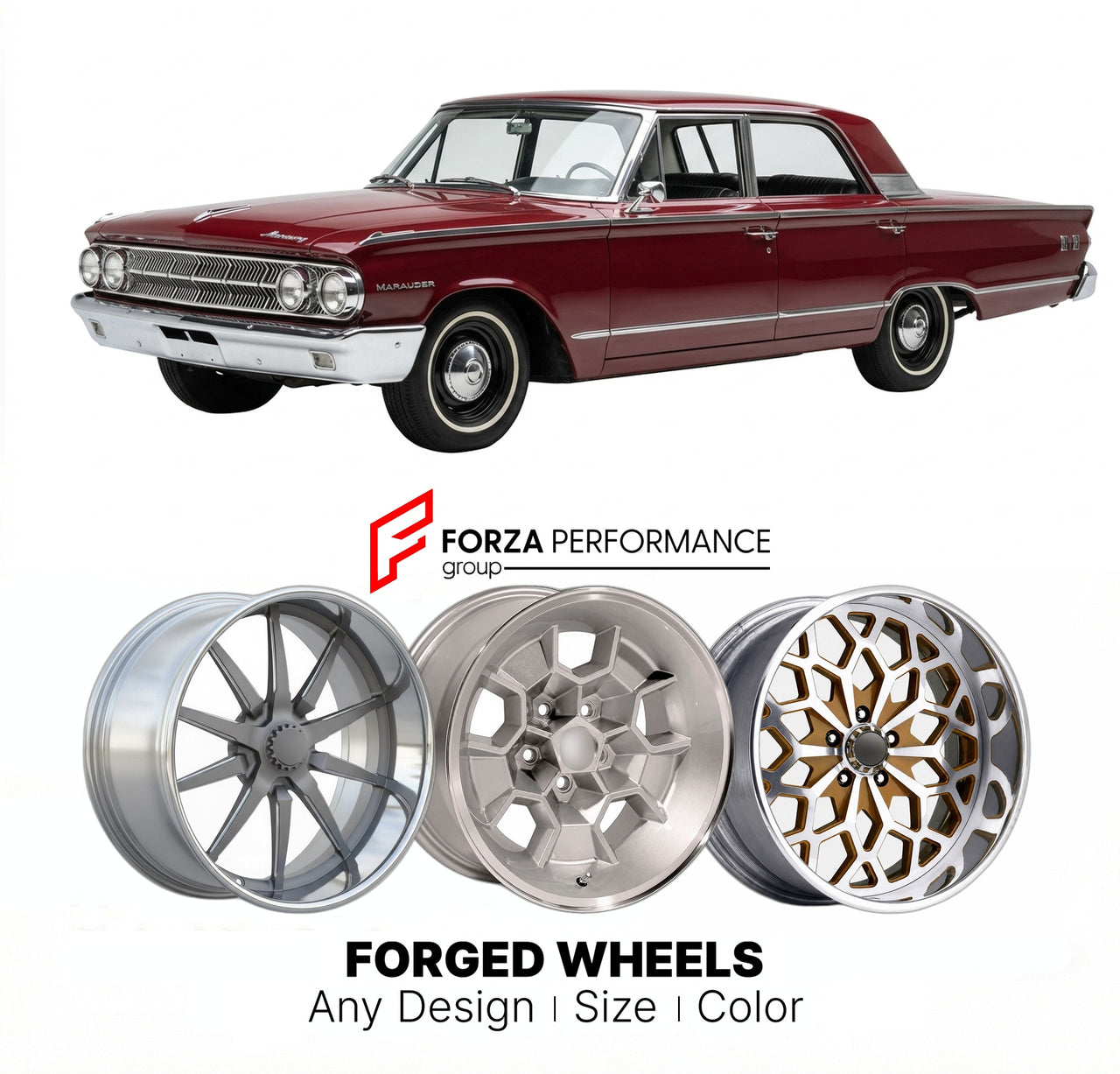 CUSTOM CLASSIC VINTAGE RESTOMOD RETRO OLD SCHOOL FORGED WHEELS RIMS for MERCURY MARAUDER 1963 - 1965
Custom forged wheels for classic American muscle cars. Ideal for restomod builds, vintage restorations, and show cars. Deep dish and retro styling available.

We manufacture premium quality forged wheels rims for Mercury Marauder 1963 - 1965 in any design, size, color.

THIS WHEEL DESIGN CAN BE CUSTOM-MADE FOR YOUR CAR IN ANY SIZE AND COLOR OPTIONS
Available in monoblock, 2-piece, 3-piece, duoblock, beadlock
