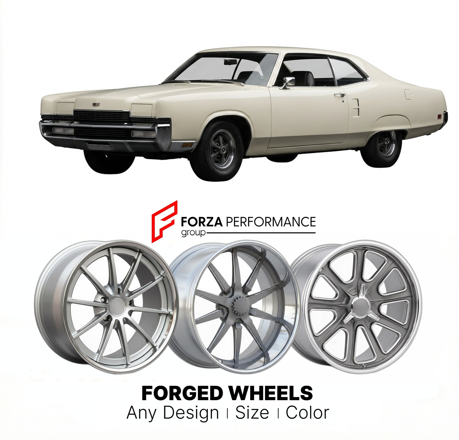 CUSTOM CLASSIC VINTAGE RESTOMOD RETRO OLD SCHOOL FORGED WHEELS RIMS for MERCURY MARAUDER JET 1969 - 1970
Custom forged wheels for classic American muscle cars. Ideal for restomod builds, vintage restorations, and show cars. Deep dish and retro styling available.

We manufacture premium quality forged wheels rims for Mercury Marauder Jet 1969 - 1970 in any design, size, color.

THIS WHEEL DESIGN CAN BE CUSTOM-MADE FOR YOUR CAR IN ANY SIZE AND COLOR OPTIONS
Available in monoblock, 2-piece, 3-piece, duoblock, 