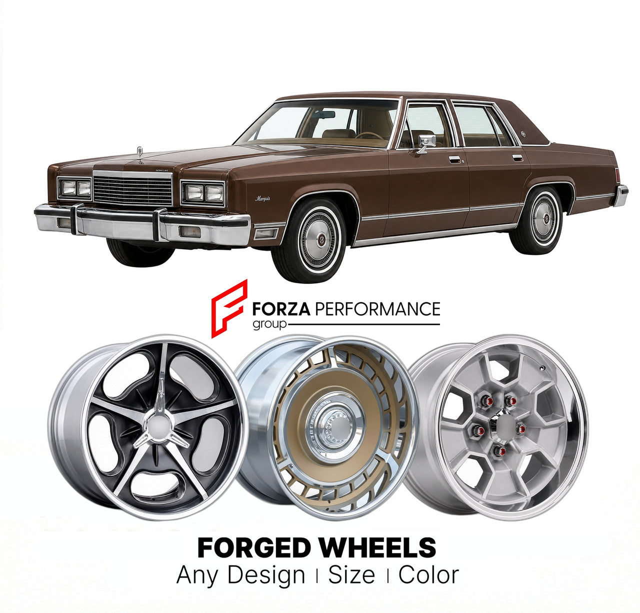 CUSTOM CLASSIC VINTAGE RESTOMOD RETRO OLD SCHOOL FORGED WHEELS RIMS for MERCURY MARQUIS 1979 - 1982
Custom forged wheels for classic American muscle cars. Ideal for restomod builds, vintage restorations, and show cars. Deep dish and retro styling available.

We manufacture premium quality forged wheels rims for Mercury Marquis 1979 - 1982 in any design, size, color.

THIS WHEEL DESIGN CAN BE CUSTOM-MADE FOR YOUR CAR IN ANY SIZE AND COLOR OPTIONS
Available in monoblock, 2-piece, 3-piece, duoblock, beadlock
3