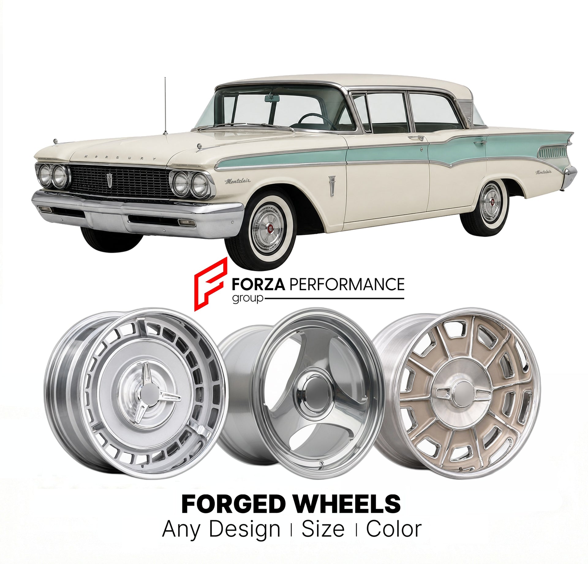 CUSTOM CLASSIC VINTAGE RESTOMOD RETRO OLD SCHOOL FORGED WHEELS RIMS for MERCURY MONTCLAIR 1958 - 1968
Custom forged wheels for classic American muscle cars. Ideal for restomod builds, vintage restorations, and show cars. Deep dish and retro styling available.

We manufacture premium quality forged wheels rims for Mercury Montclair 1958 - 1968 in any design, size, color.

THIS WHEEL DESIGN CAN BE CUSTOM-MADE FOR YOUR CAR IN ANY SIZE AND COLOR OPTIONS
Available in monoblock, 2-piece, 3-piece, duoblock, beadlo