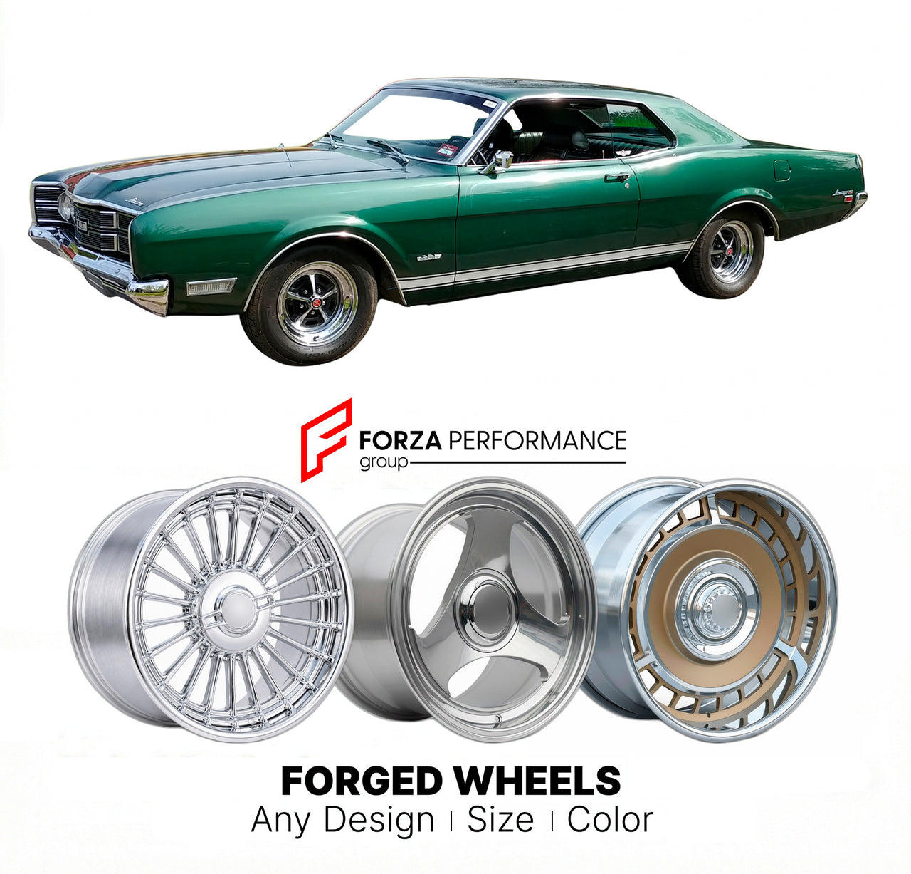 CUSTOM CLASSIC VINTAGE RESTOMOD RETRO OLD SCHOOL FORGED WHEELS RIMS for MERCURY MONTEGO 1968 - 1971
Custom forged wheels for classic American muscle cars. Ideal for restomod builds, vintage restorations, and show cars. Deep dish and retro styling available.

We manufacture premium quality forged wheels rims for Mercury Montego 1968 - 1971 in any design, size, color.

THIS WHEEL DESIGN CAN BE CUSTOM-MADE FOR YOUR CAR IN ANY SIZE AND COLOR OPTIONS
Available in monoblock, 2-piece, 3-piece, duoblock, beadlock
3