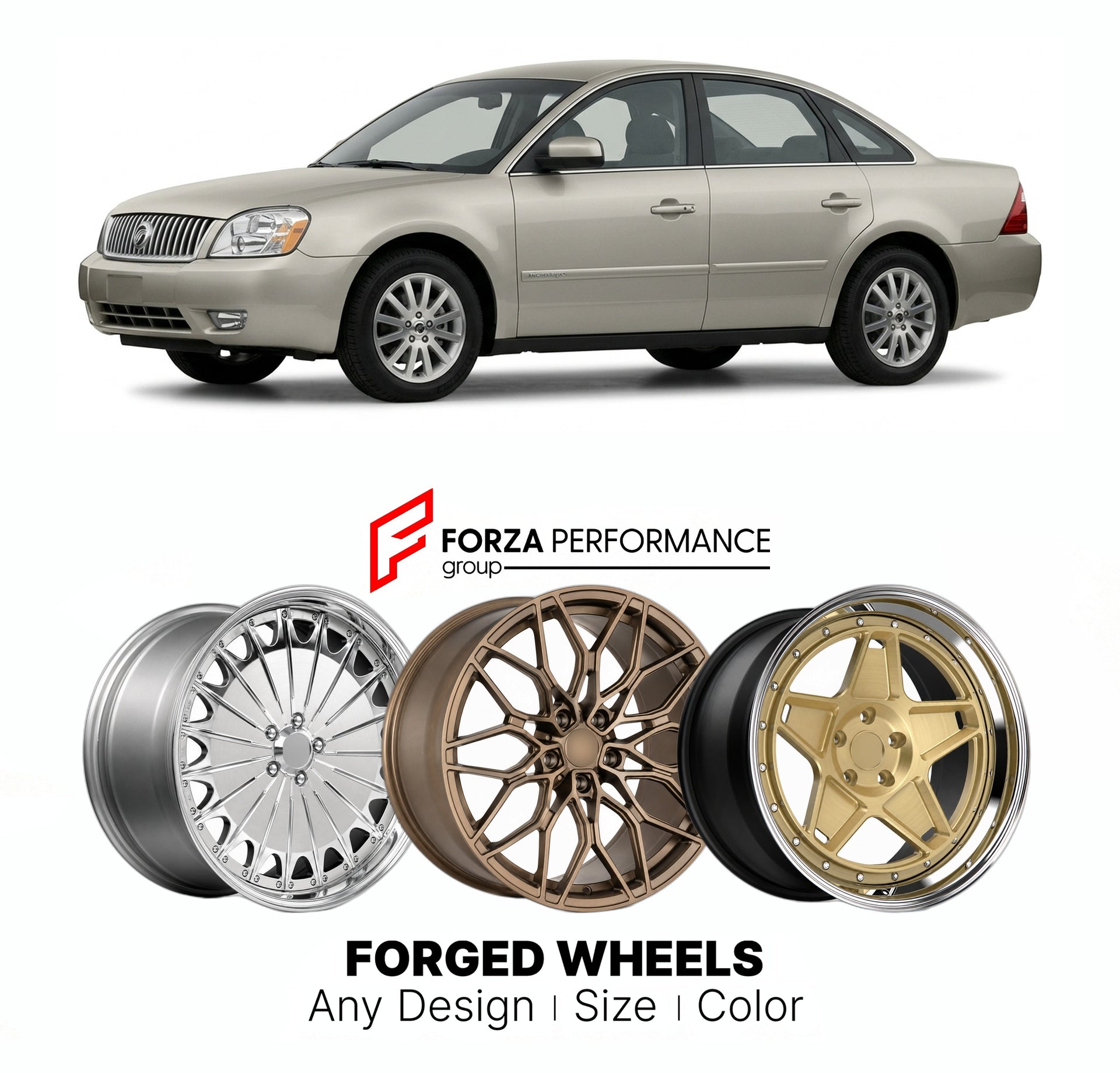 FORGED WHEELS RIMS for MERCURY MONTEGO 2005 - 2007

Custom forged wheels for Mercury Montego 2005 - 2007. Made-to-order monoblock, 2-piece and 3-piece rims in custom sizes, offsets, colors and finishes with guaranteed fitment.

We manufacture premium quality forged wheels rims for Mercury Montego 2005 - 2007 in any design, size, color.

THIS WHEEL DESIGN CAN BE CUSTOM-MADE FOR YOUR CAR IN ANY SIZE AND COLOR OPTIONS
Available in monoblock, 2-piece, 3-piece, duoblock, beadlock
3D wheel renderings are provided