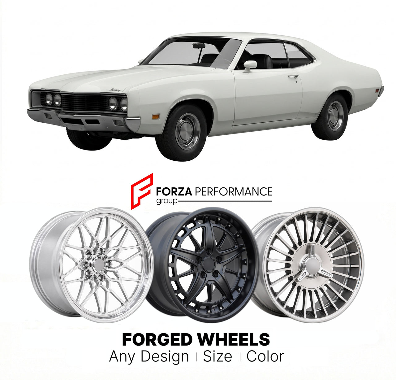 CUSTOM CLASSIC VINTAGE RESTOMOD RETRO OLD SCHOOL FORGED WHEELS RIMS for MERCURY MONTEGO GT 1970 - 1971
Custom forged wheels for classic American muscle cars. Ideal for restomod builds, vintage restorations, and show cars. Deep dish and retro styling available.

We manufacture premium quality forged wheels rims for Mercury Montego GT 1970 - 1971 in any design, size, color.

THIS WHEEL DESIGN CAN BE CUSTOM-MADE FOR YOUR CAR IN ANY SIZE AND COLOR OPTIONS
Available in monoblock, 2-piece, 3-piece, duoblock, bead