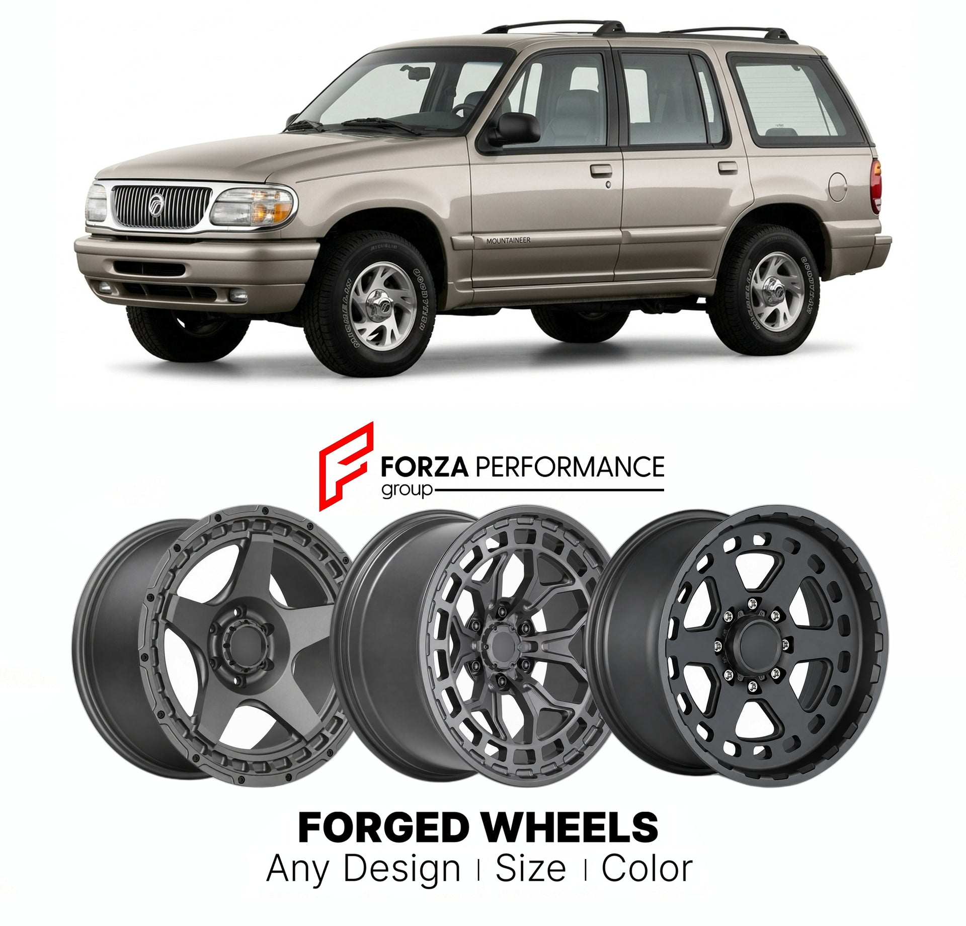 FORGED WHEELS RIMS for MERCURY MOUNTAINEER 1997 - 2001

Custom forged wheels for Mercury Mountaineer 1997 - 2001. Made-to-order monoblock, 2-piece and 3-piece rims in custom sizes, offsets, colors and finishes with guaranteed fitment.

We manufacture premium quality forged wheels rims for Mercury Mountaineer 1997 - 2001 in any design, size, color.

THIS WHEEL DESIGN CAN BE CUSTOM-MADE FOR YOUR CAR IN ANY SIZE AND COLOR OPTIONS
Available in monoblock, 2-piece, 3-piece, duoblock, beadlock
3D wheel renderings 