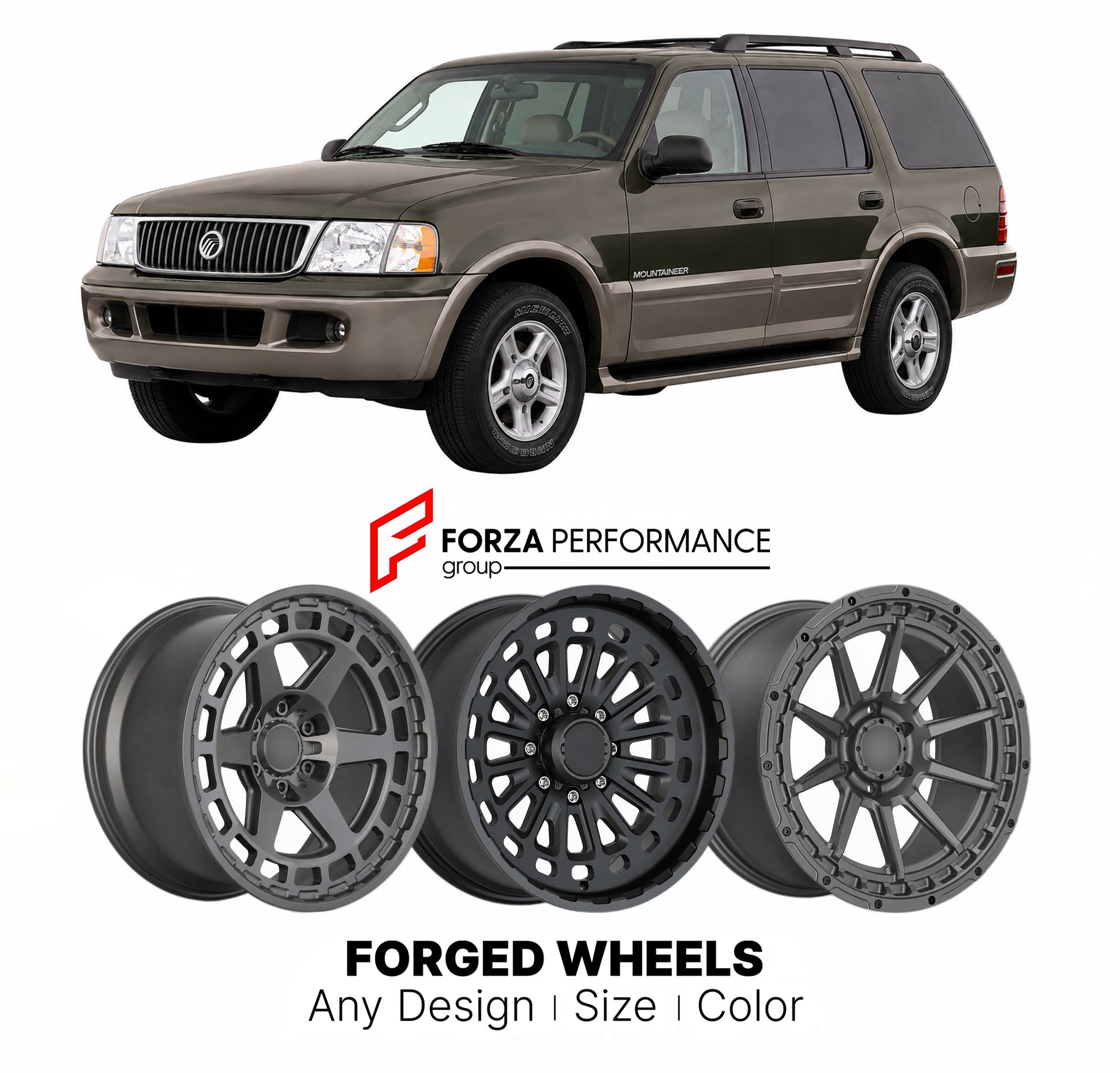 FORGED WHEELS RIMS for MERCURY MOUNTAINEER 2002 - 2005

Custom forged wheels for Mercury Mountaineer 2002 - 2005. Made-to-order monoblock, 2-piece and 3-piece rims in custom sizes, offsets, colors and finishes with guaranteed fitment.

We manufacture premium quality forged wheels rims for Mercury Mountaineer 2002 - 2005 in any design, size, color.

THIS WHEEL DESIGN CAN BE CUSTOM-MADE FOR YOUR CAR IN ANY SIZE AND COLOR OPTIONS
Available in monoblock, 2-piece, 3-piece, duoblock, beadlock
3D wheel renderings 