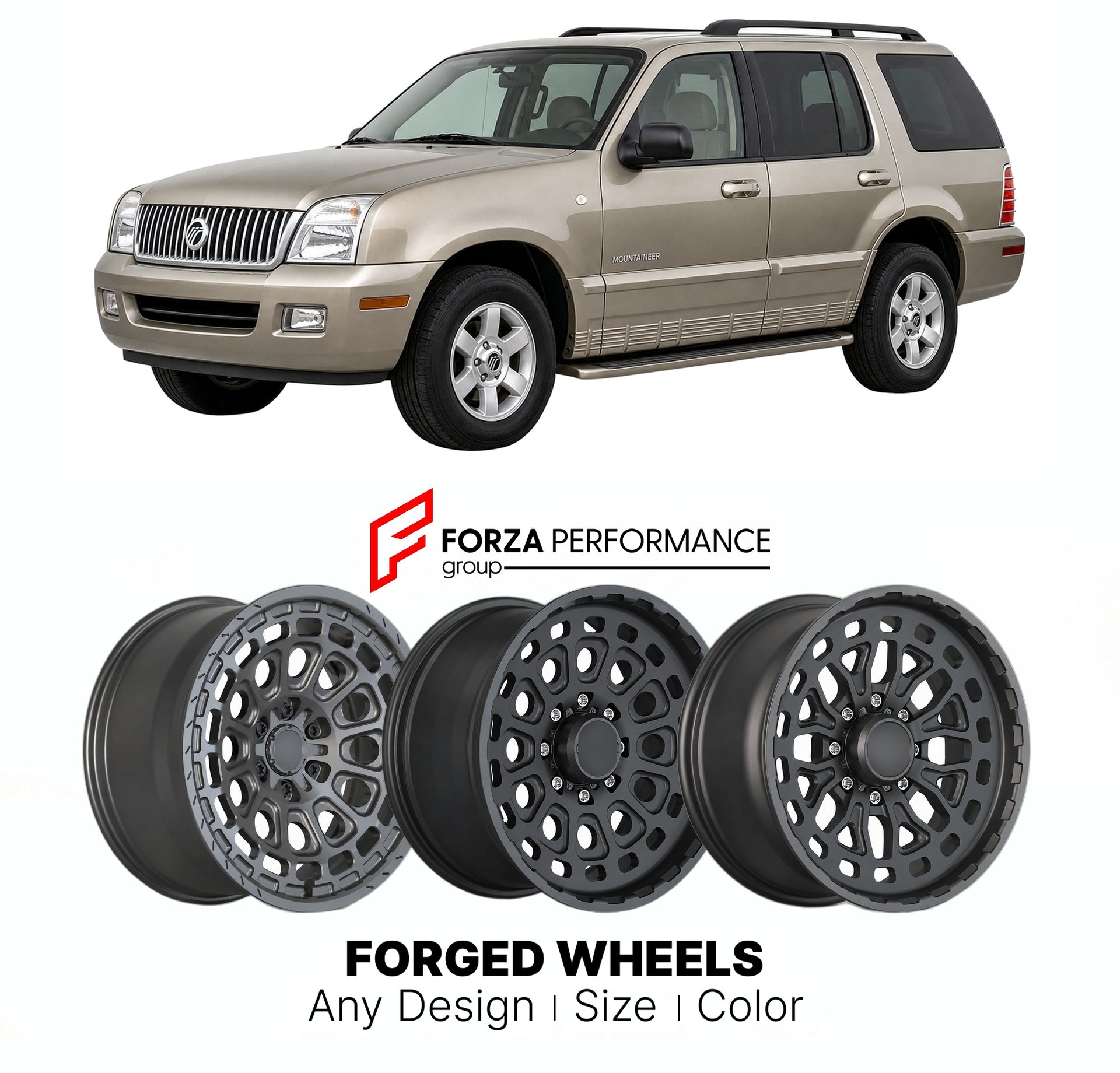 FORGED WHEELS RIMS for MERCURY MOUNTAINEER 2002 - 2005

Custom forged wheels for Mercury Mountaineer 2002 - 2005. Made-to-order monoblock, 2-piece and 3-piece rims in custom sizes, offsets, colors and finishes with guaranteed fitment.

We manufacture premium quality forged wheels rims for Mercury Mountaineer 2002 - 2005 in any design, size, color.

THIS WHEEL DESIGN CAN BE CUSTOM-MADE FOR YOUR CAR IN ANY SIZE AND COLOR OPTIONS
Available in monoblock, 2-piece, 3-piece, duoblock, beadlock
3D wheel renderings 