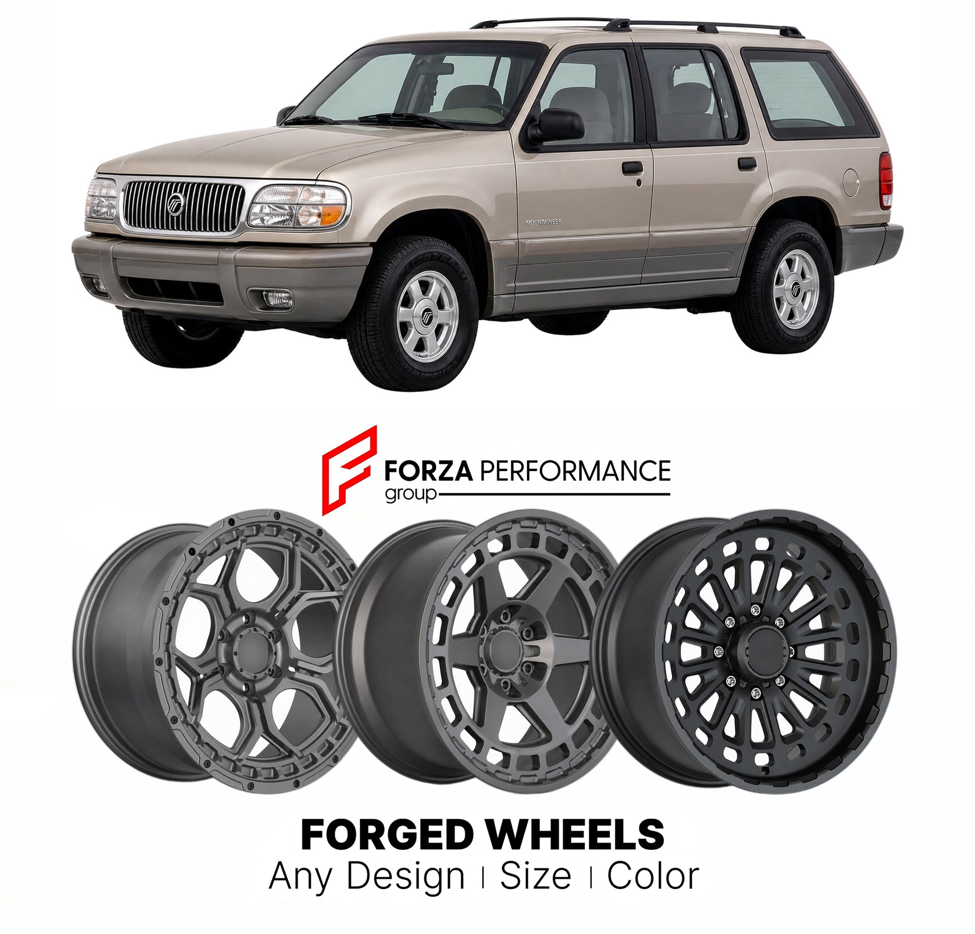 FORGED WHEELS RIMS for MERCURY MOUNTAINEER BASE 1997 - 2010

Custom forged wheels for Mercury Mountaineer Base 1997 - 2010. Made-to-order monoblock, 2-piece and 3-piece rims in custom sizes, offsets, colors and finishes with guaranteed fitment.

We manufacture premium quality forged wheels rims for Mercury Mountaineer Base 1997 - 2010 in any design, size, color.

THIS WHEEL DESIGN CAN BE CUSTOM-MADE FOR YOUR CAR IN ANY SIZE AND COLOR OPTIONS
Available in monoblock, 2-piece, 3-piece, duoblock, beadlock
3D wh