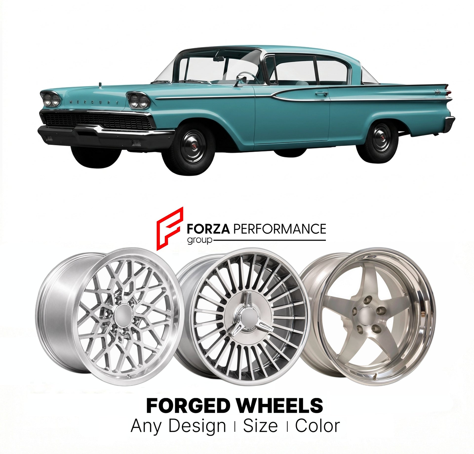 CUSTOM CLASSIC VINTAGE RESTOMOD RETRO OLD SCHOOL FORGED WHEELS RIMS for MERCURY PARK LANE 1959 - 1960
Custom forged wheels for classic American muscle cars. Ideal for restomod builds, vintage restorations, and show cars. Deep dish and retro styling available.

We manufacture premium quality forged wheels rims for Mercury Park Lane 1959 - 1960 in any design, size, color.

THIS WHEEL DESIGN CAN BE CUSTOM-MADE FOR YOUR CAR IN ANY SIZE AND COLOR OPTIONS
Available in monoblock, 2-piece, 3-piece, duoblock, beadlo