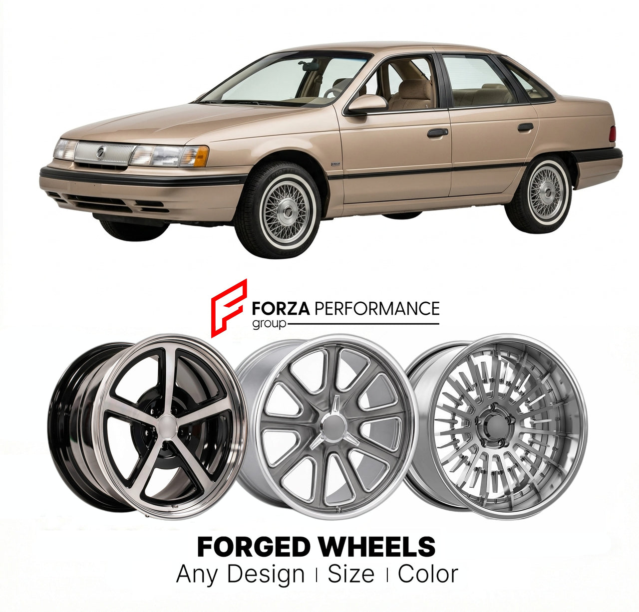 CUSTOM CLASSIC VINTAGE RESTOMOD RETRO OLD SCHOOL FORGED WHEELS RIMS for MERCURY SABLE 1986 - 1990
Custom forged wheels for classic American muscle cars. Ideal for restomod builds, vintage restorations, and show cars. Deep dish and retro styling available.

We manufacture premium quality forged wheels rims for Mercury Sable 1986 - 1990 in any design, size, color.

THIS WHEEL DESIGN CAN BE CUSTOM-MADE FOR YOUR CAR IN ANY SIZE AND COLOR OPTIONS
Available in monoblock, 2-piece, 3-piece, duoblock, beadlock
3D wh
