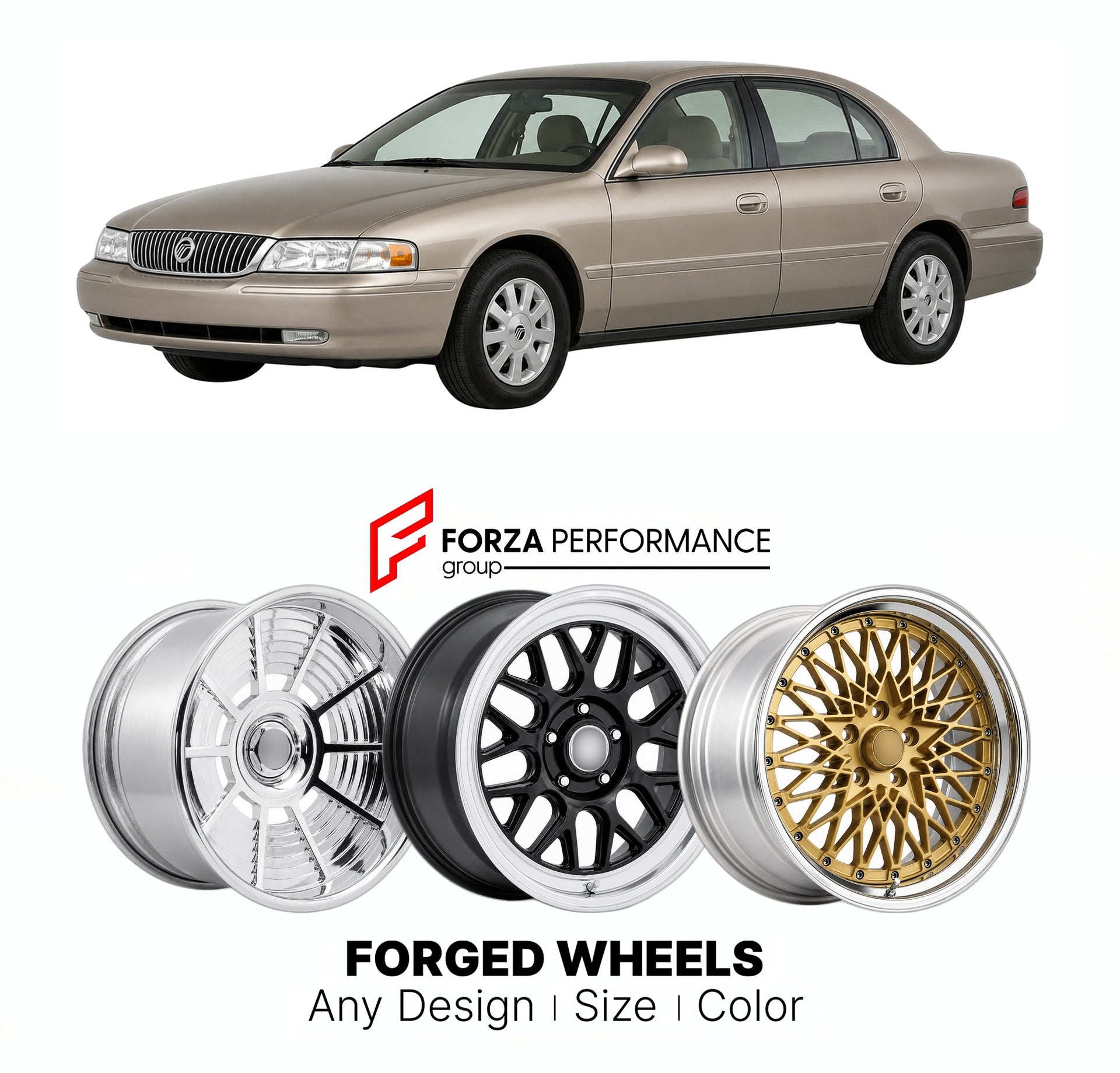FORGED WHEELS RIMS for MERCURY SABLE 2000 - 2005

Custom forged wheels for Mercury Sable 2000 - 2005. Made-to-order monoblock, 2-piece and 3-piece rims in custom sizes, offsets, colors and finishes with guaranteed fitment.

We manufacture premium quality forged wheels rims for Mercury Sable 2000 - 2005 in any design, size, color.

THIS WHEEL DESIGN CAN BE CUSTOM-MADE FOR YOUR CAR IN ANY SIZE AND COLOR OPTIONS
Available in monoblock, 2-piece, 3-piece, duoblock, beadlock
3D wheel renderings are provided accor