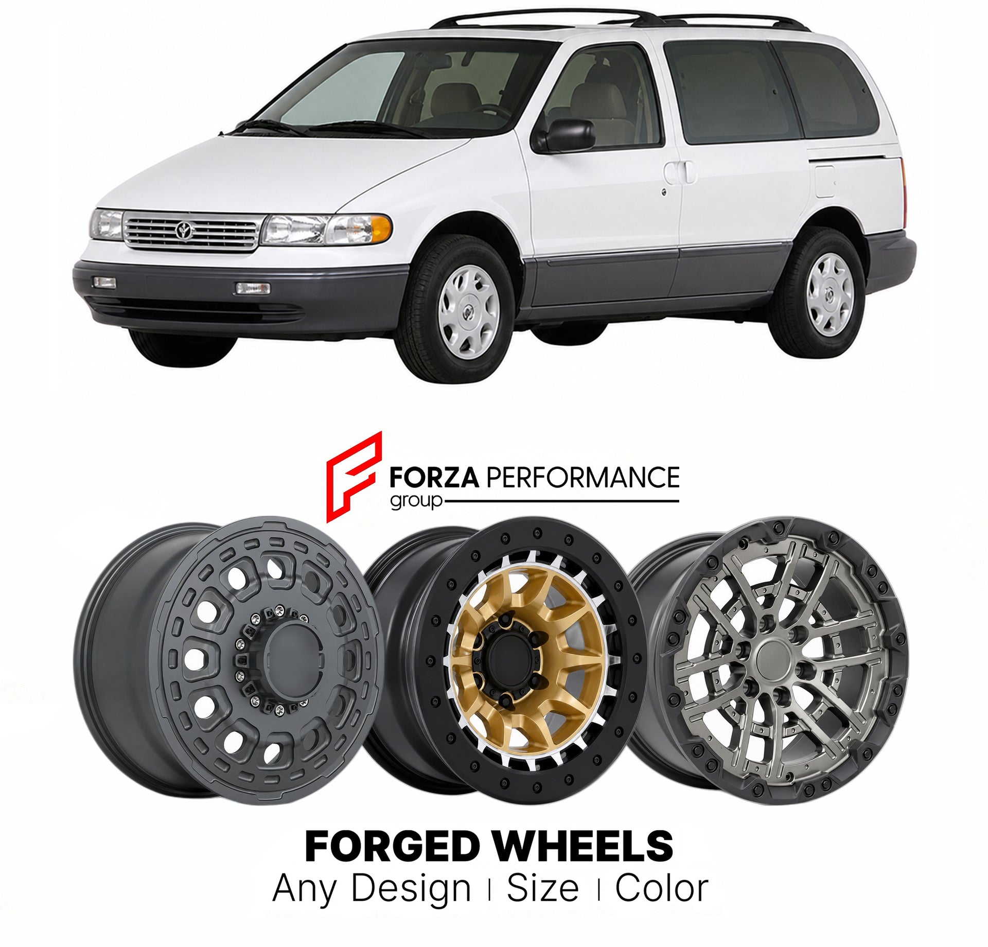 FORGED WHEELS RIMS for MERCURY VILLAGER 1992 - 1998

Custom forged wheels for Mercury Villager 1996 - 1998. Made-to-order monoblock, 2-piece and 3-piece rims in custom sizes, offsets, colors and finishes with guaranteed fitment.

We manufacture premium quality forged wheels rims for Mercury Villager 1996 - 1998 in any design, size, color.

THIS WHEEL DESIGN CAN BE CUSTOM-MADE FOR YOUR CAR IN ANY SIZE AND COLOR OPTIONS
Available in monoblock, 2-piece, 3-piece, duoblock, beadlock
3D wheel renderings are provi