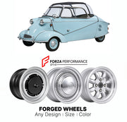 CUSTOM CLASSIC VINTAGE RESTOMOD RETRO OLD SCHOOL FORGED WHEELS RIMS for MESSERSCHMITT KR200S KABINENROLLER 1955 - 1964

Custom forged wheels for Messerschmitt KR200S Kabinenroller 1955 - 1964. Classic, vintage, restomod wheel designs made to order in custom sizes, offsets, colors and finishes.

We manufacture premium quality forged wheels rims for Messerschmitt KR200S Kabinenroller 1955 - 1964 in any design, size, color.

THIS WHEEL DESIGN CAN BE CUSTOM-MADE FOR YOUR CAR IN ANY SIZE AND COLOR OPTIONS
Availa