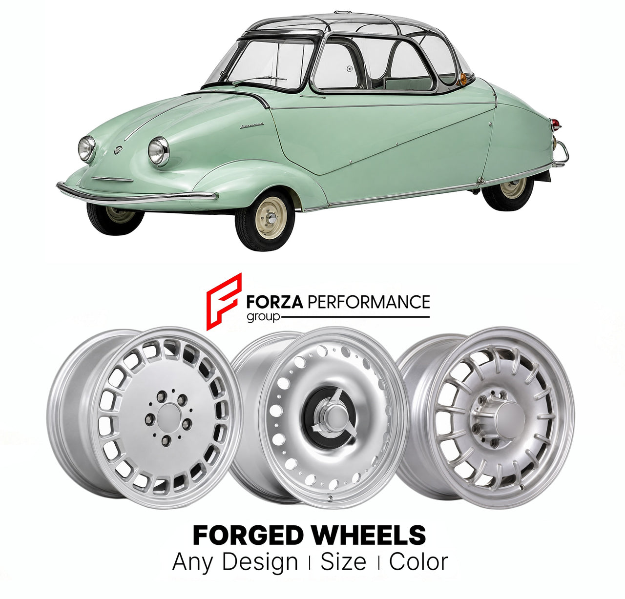 CUSTOM CLASSIC VINTAGE RESTOMOD RETRO OLD SCHOOL FORGED WHEELS RIMS for MESSERSCHMITT KR200 KABINENROLLER 1955 - 1964

Custom forged wheels for Messerschmitt KR200 Kabinenroller 1955 - 1964. Classic, vintage, restomod wheel designs made to order in custom sizes, offsets, colors and finishes.

We manufacture premium quality forged wheels rims for Messerschmitt KR200 Kabinenroller 1955 - 1964 in any design, size, color.

THIS WHEEL DESIGN CAN BE CUSTOM-MADE FOR YOUR CAR IN ANY SIZE AND COLOR OPTIONS
Available
