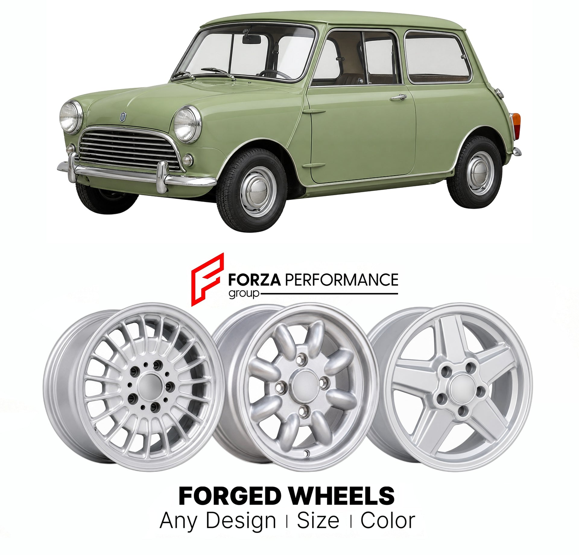 CUSTOM CLASSIC VINTAGE RESTOMOD RETRO OLD SCHOOL FORGED WHEELS RIMS for MINI CLASSIC ADO15 ROVER 1959 - 2000

Custom forged wheels for Mini Classic ADO15 Rover 1959 - 2000. Classic, vintage, restomod wheel designs made to order in custom sizes, offsets, colors and finishes.

We manufacture premium quality forged wheels rims for Mini Classic ADO15 Rover 1959 - 2000 in any design, size, color.

THIS WHEEL DESIGN CAN BE CUSTOM-MADE FOR YOUR CAR IN ANY SIZE AND COLOR OPTIONS
Available in monoblock, 2-piece, 3-p