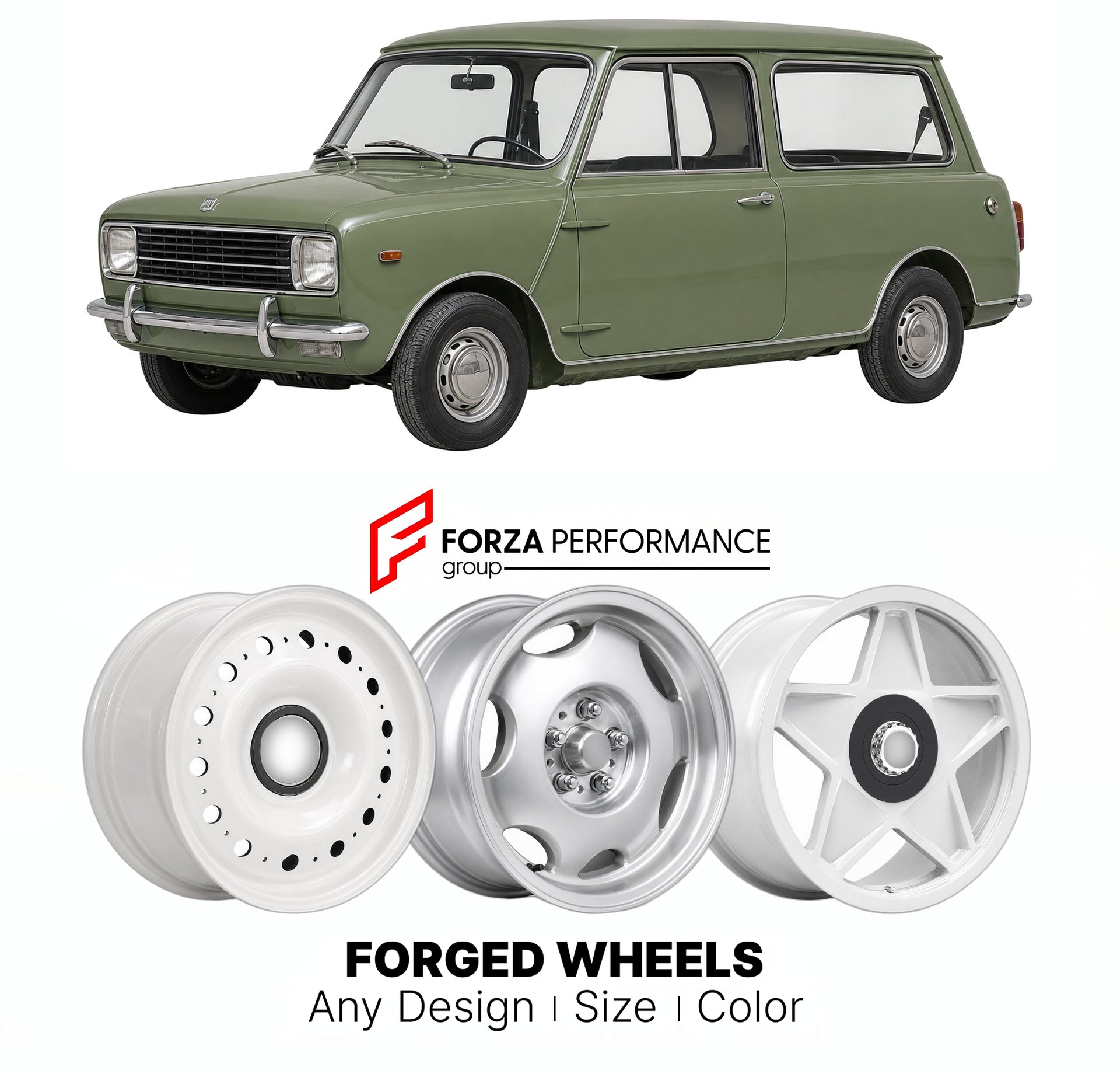 CUSTOM CLASSIC VINTAGE RESTOMOD RETRO OLD SCHOOL FORGED WHEELS RIMS for MINI CLASSIC CLUBMAN 1969 - 1980

Custom forged wheels for Mini Classic Clubman 1969 - 1980. Classic, vintage, restomod wheel designs made to order in custom sizes, offsets, colors and finishes.

We manufacture premium quality forged wheels rims for Mini Classic Clubman 1969 - 1980 in any design, size, color.

THIS WHEEL DESIGN CAN BE CUSTOM-MADE FOR YOUR CAR IN ANY SIZE AND COLOR OPTIONS
Available in monoblock, 2-piece, 3-piece, duoblo