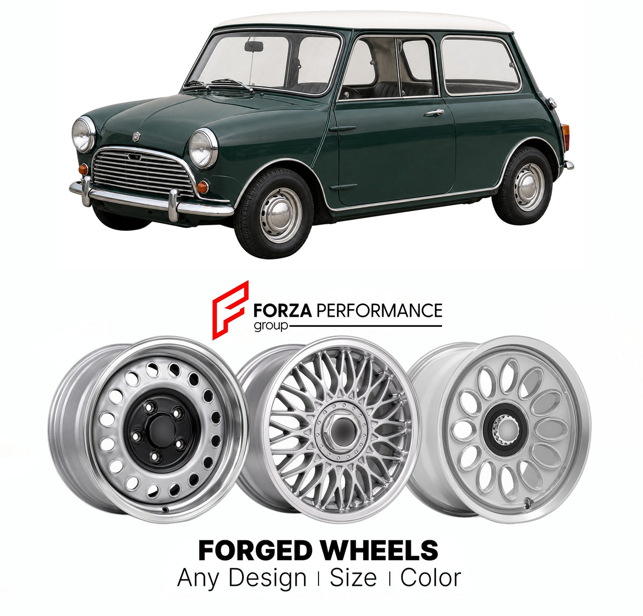 CUSTOM CLASSIC VINTAGE RESTOMOD RETRO OLD SCHOOL FORGED WHEELS RIMS for MINI CLASSIC COOPER 1961 - 1971

Custom forged wheels for Mini Classic Cooper 1961 - 1971. Classic, vintage, restomod wheel designs made to order in custom sizes, offsets, colors and finishes.

We manufacture premium quality forged wheels rims for Mini Classic Cooper 1961 - 1971 in any design, size, color.

THIS WHEEL DESIGN CAN BE CUSTOM-MADE FOR YOUR CAR IN ANY SIZE AND COLOR OPTIONS
Available in monoblock, 2-piece, 3-piece, duoblock,